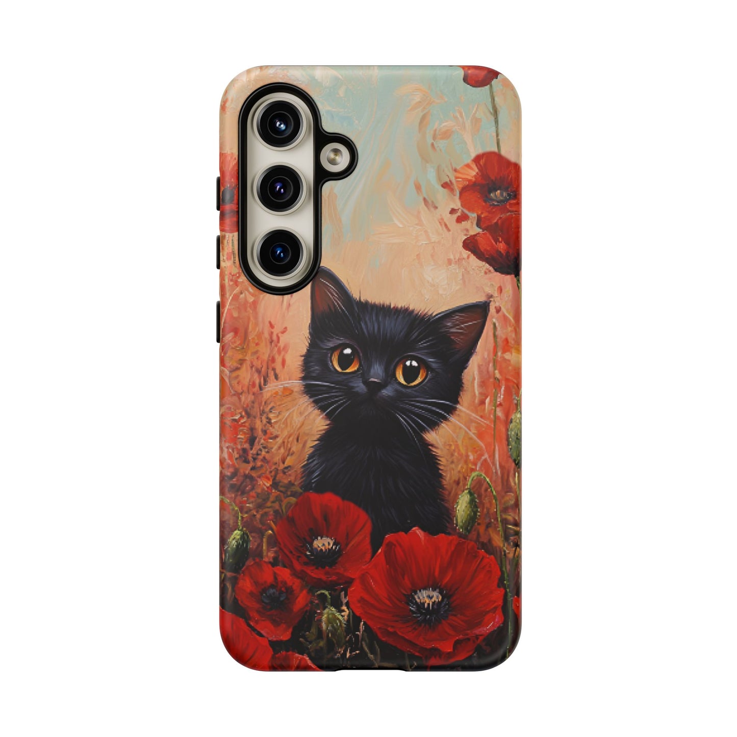 Cute Black Cat in Poppy Flower Field Phone Case - Cat Lover Phone Cases for iPhone 16 15 14 13 12 11, Samsung Galaxy & Google Pixel