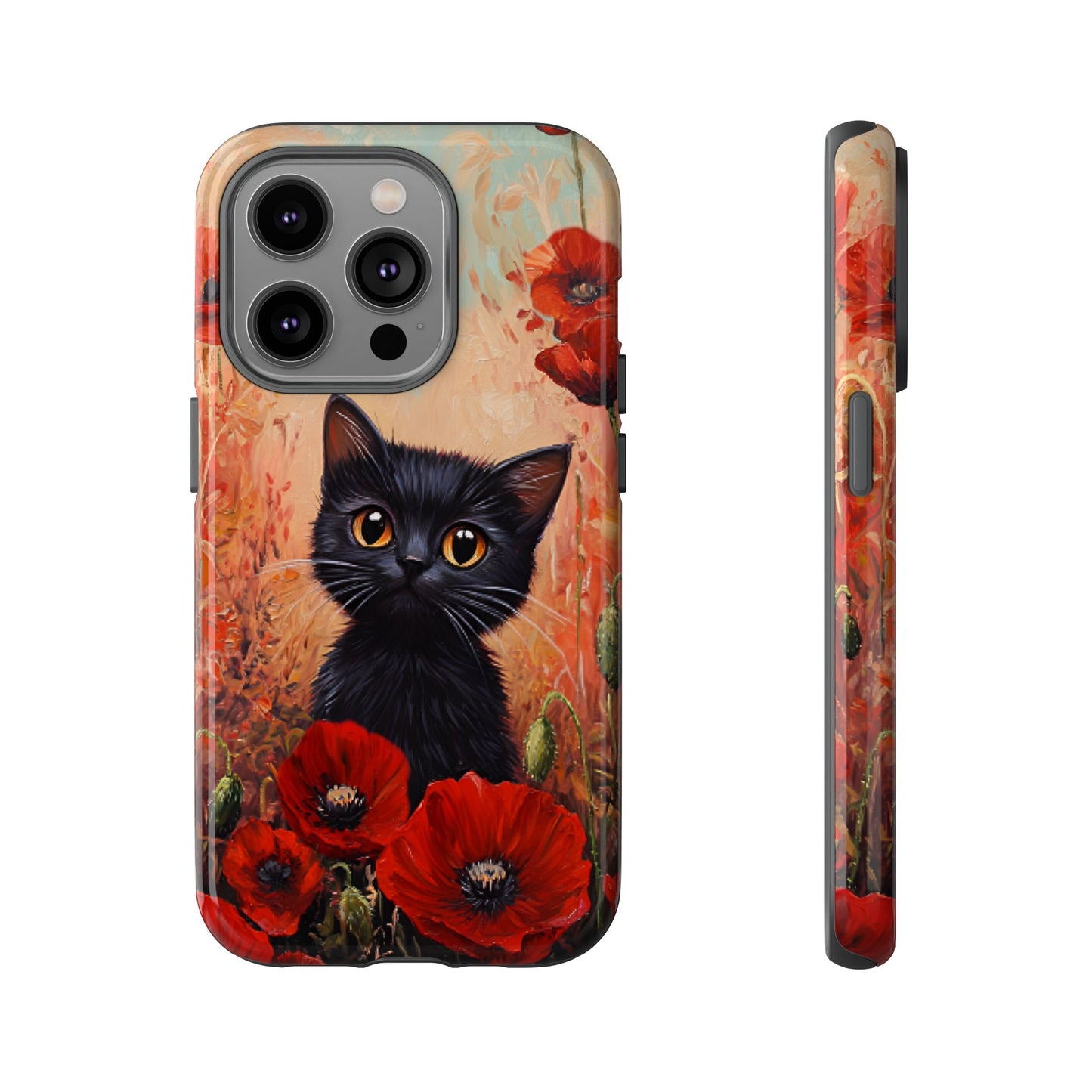 Cute Black Cat in Poppy Flower Field Phone Case - Cat Lover Phone Cases for iPhone 16 15 14 13 12 11, Samsung Galaxy & Google Pixel