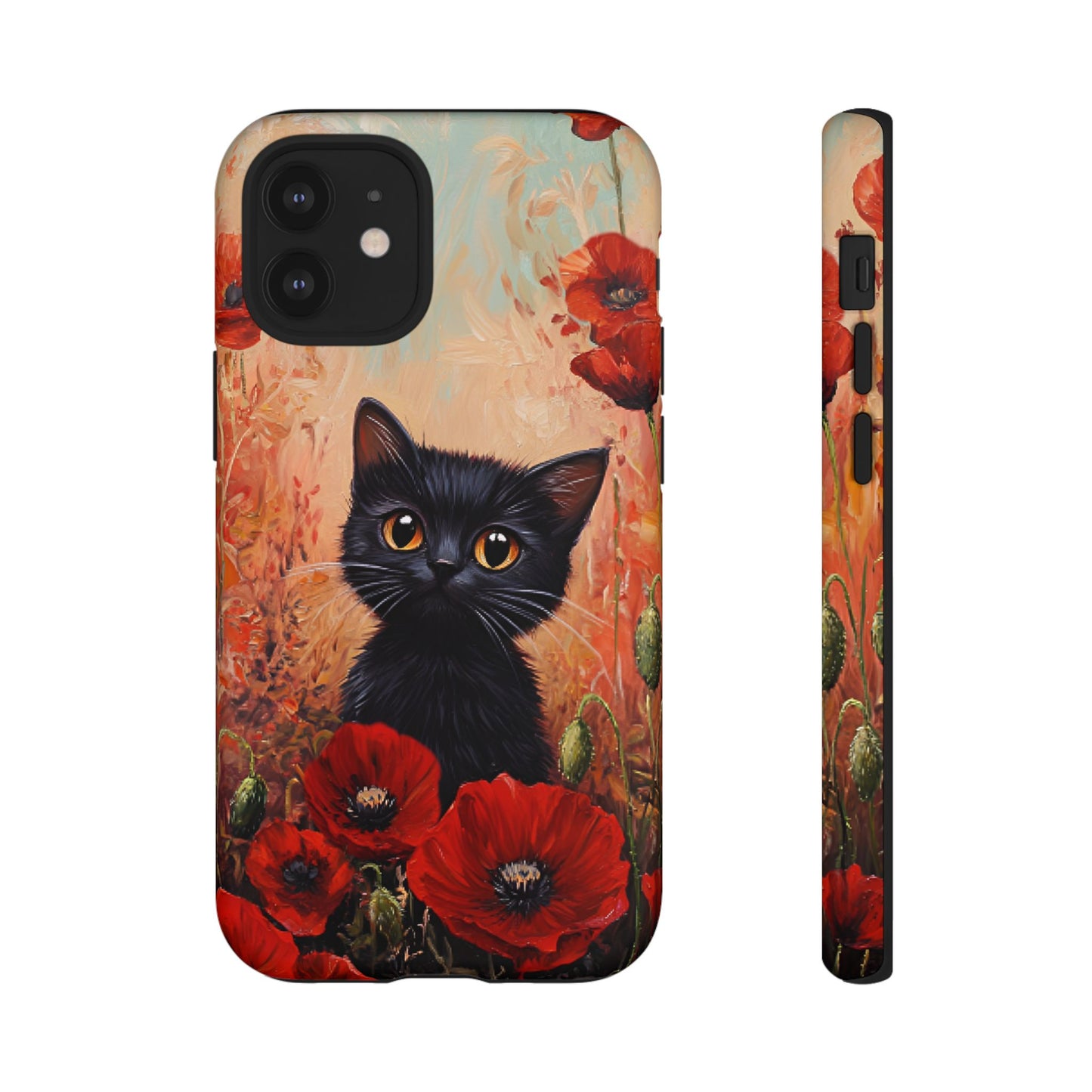 Cute Black Cat in Poppy Flower Field Phone Case - Cat Lover Phone Cases for iPhone 16 15 14 13 12 11, Samsung Galaxy & Google Pixel