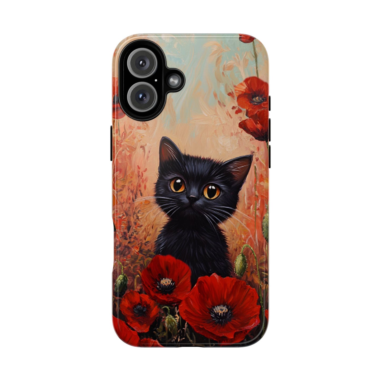 Cute Black Cat in Poppy Flower Field Phone Case - Cat Lover Phone Cases for iPhone 16 15 14 13 12 11, Samsung Galaxy & Google Pixel