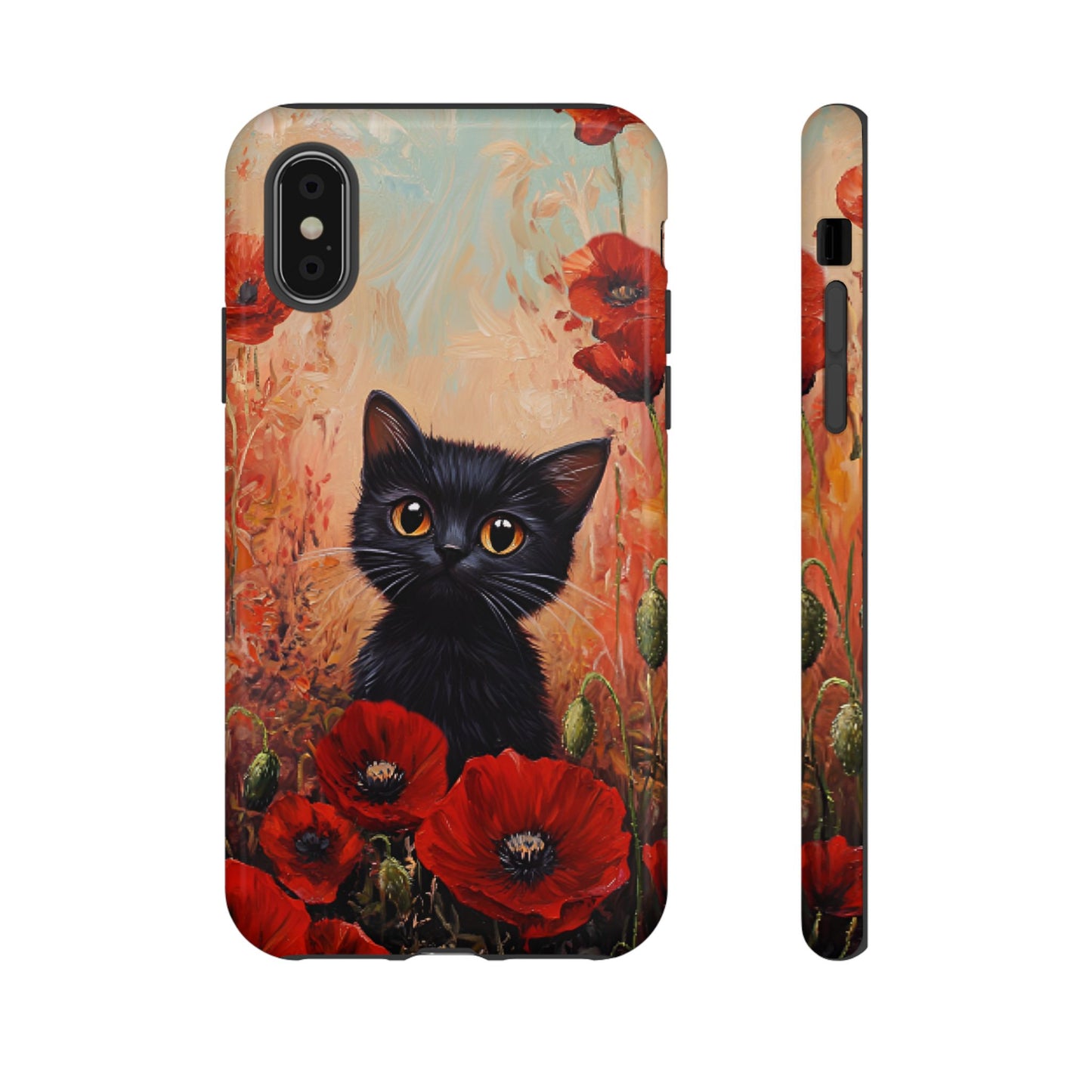 Cute Black Cat in Poppy Flower Field Phone Case - Cat Lover Phone Cases for iPhone 16 15 14 13 12 11, Samsung Galaxy & Google Pixel