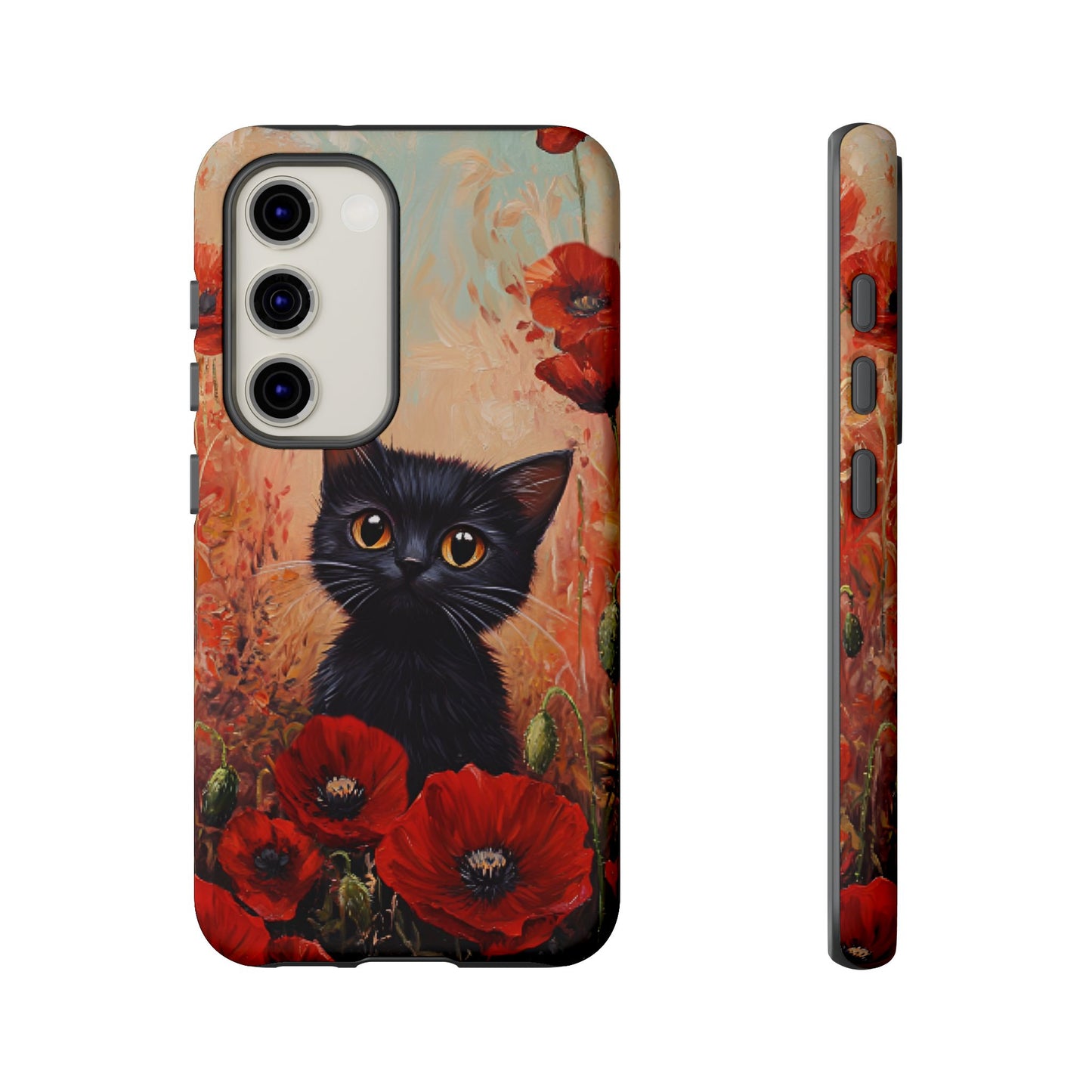 Cute Black Cat in Poppy Flower Field Phone Case - Cat Lover Phone Cases for iPhone 16 15 14 13 12 11, Samsung Galaxy & Google Pixel