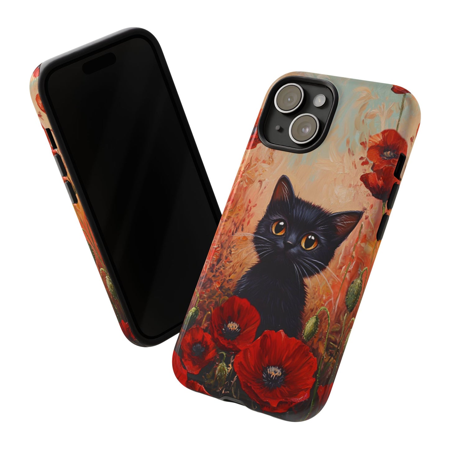 Cute Black Cat in Poppy Flower Field Phone Case - Cat Lover Phone Cases for iPhone 16 15 14 13 12 11, Samsung Galaxy & Google Pixel