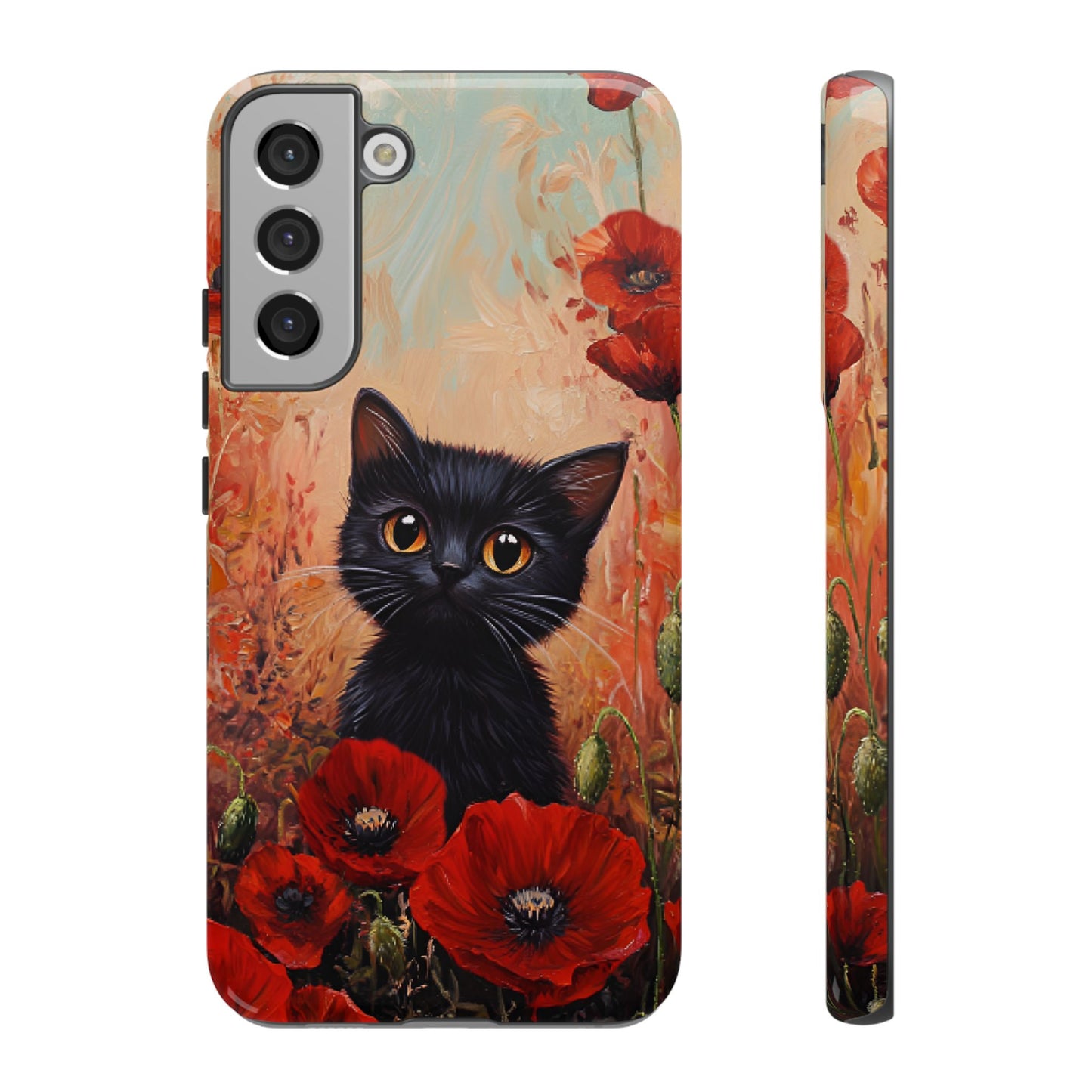Cute Black Cat in Poppy Flower Field Phone Case - Cat Lover Phone Cases for iPhone 16 15 14 13 12 11, Samsung Galaxy & Google Pixel