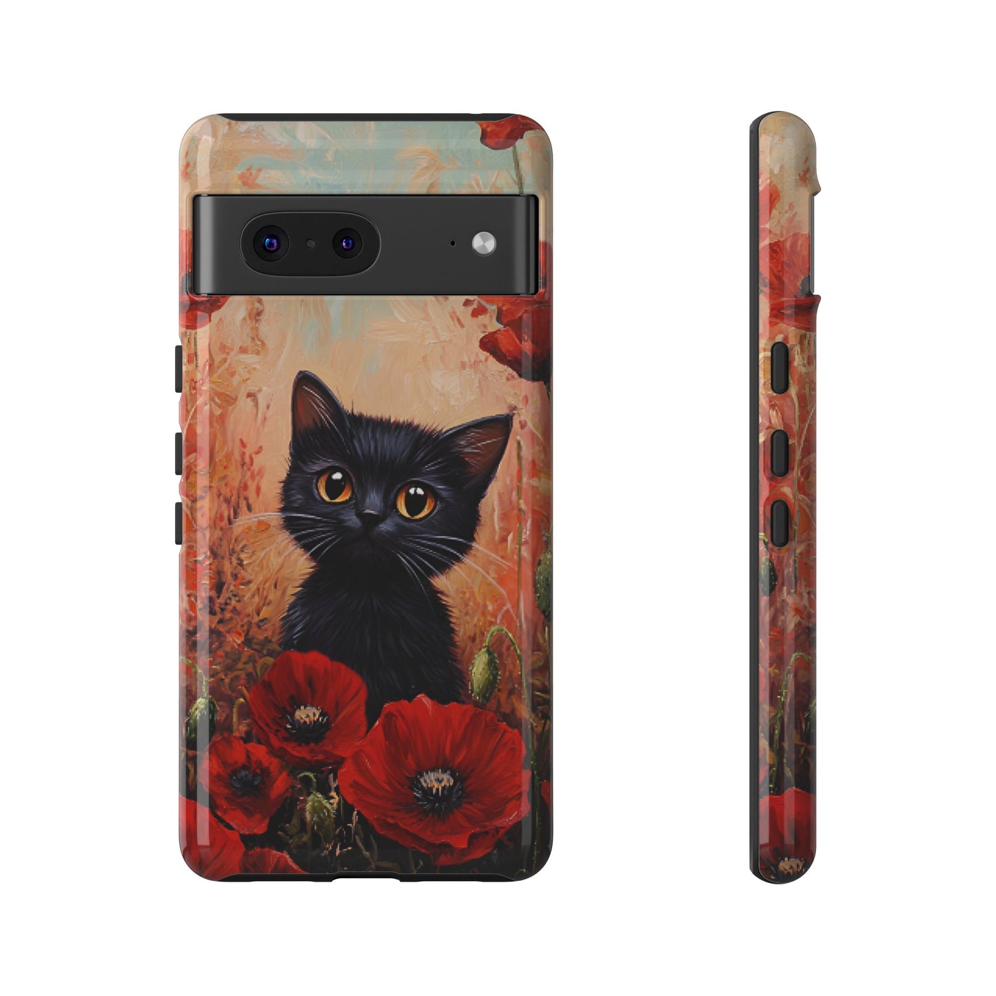 Cute Black Cat in Poppy Flower Field Phone Case - Cat Lover Phone Cases for iPhone 16 15 14 13 12 11, Samsung Galaxy & Google Pixel