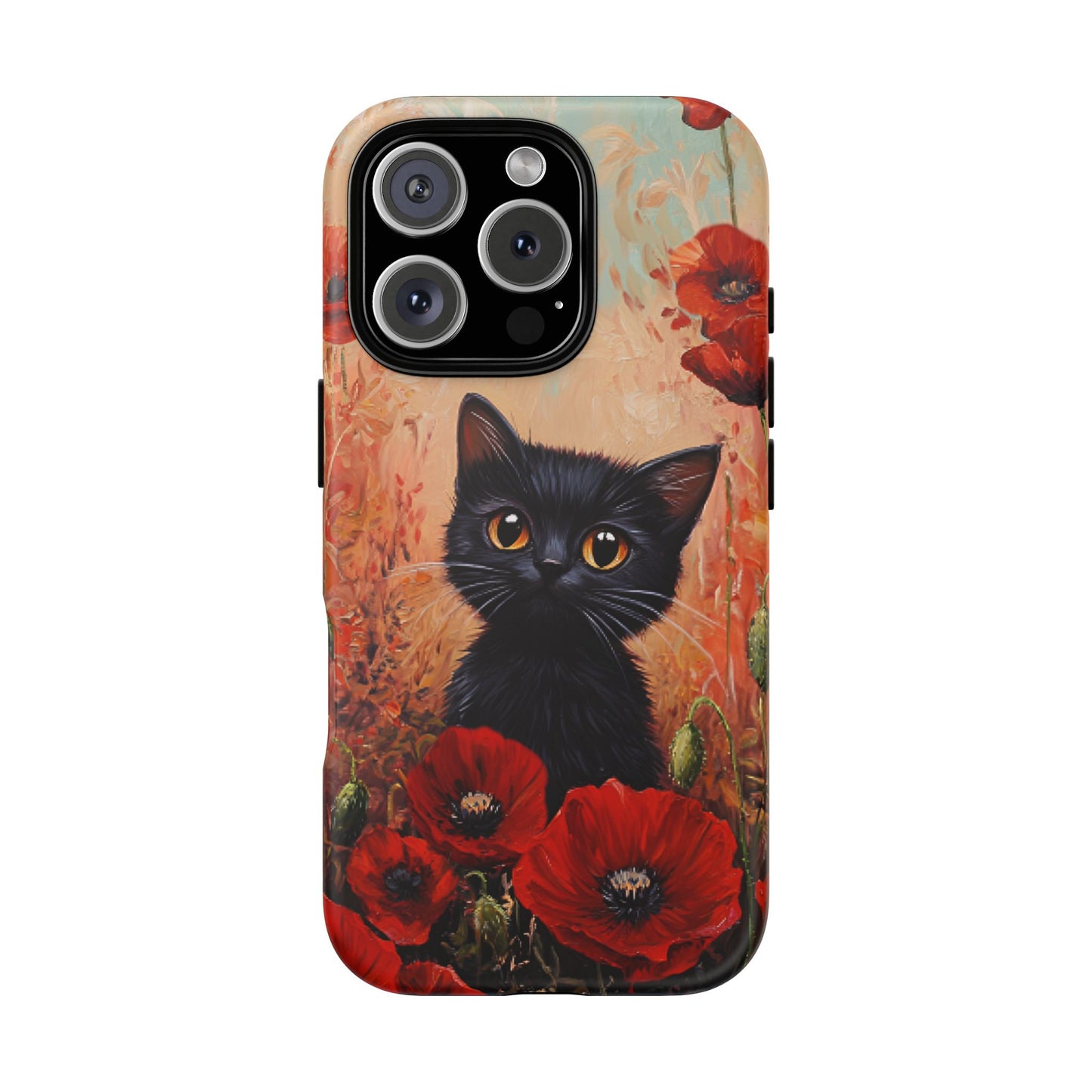 Cute Black Cat in Poppy Flower Field Phone Case - Cat Lover Phone Cases for iPhone 16 15 14 13 12 11, Samsung Galaxy & Google Pixel