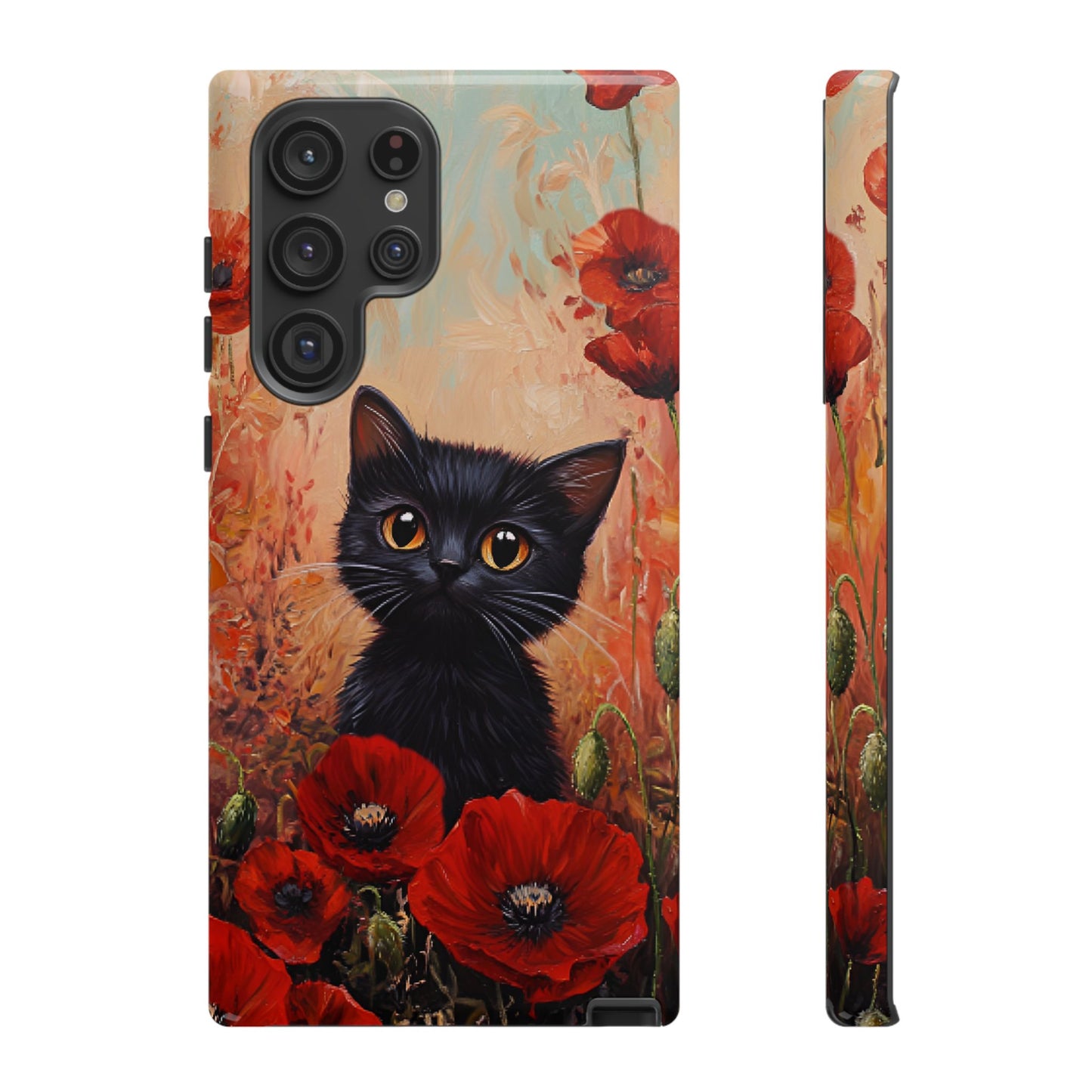 Cute Black Cat in Poppy Flower Field Phone Case - Cat Lover Phone Cases for iPhone 16 15 14 13 12 11, Samsung Galaxy & Google Pixel