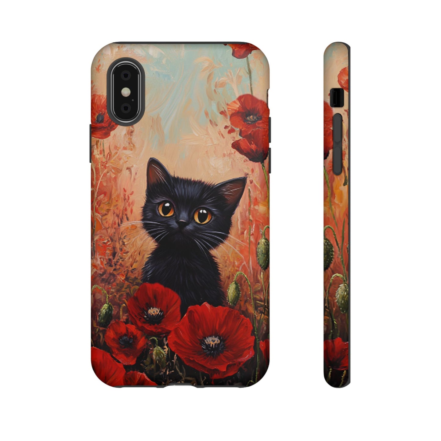Cute Black Cat in Poppy Flower Field Phone Case - Cat Lover Phone Cases for iPhone 16 15 14 13 12 11, Samsung Galaxy & Google Pixel