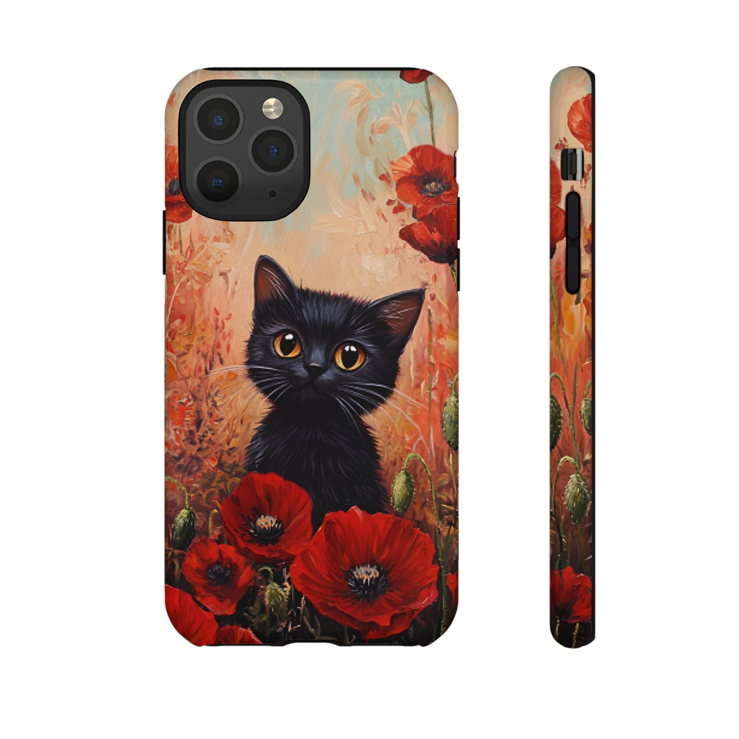 Cute Black Cat in Poppy Flower Field Phone Case - Cat Lover Phone Cases for iPhone 16 15 14 13 12 11, Samsung Galaxy & Google Pixel