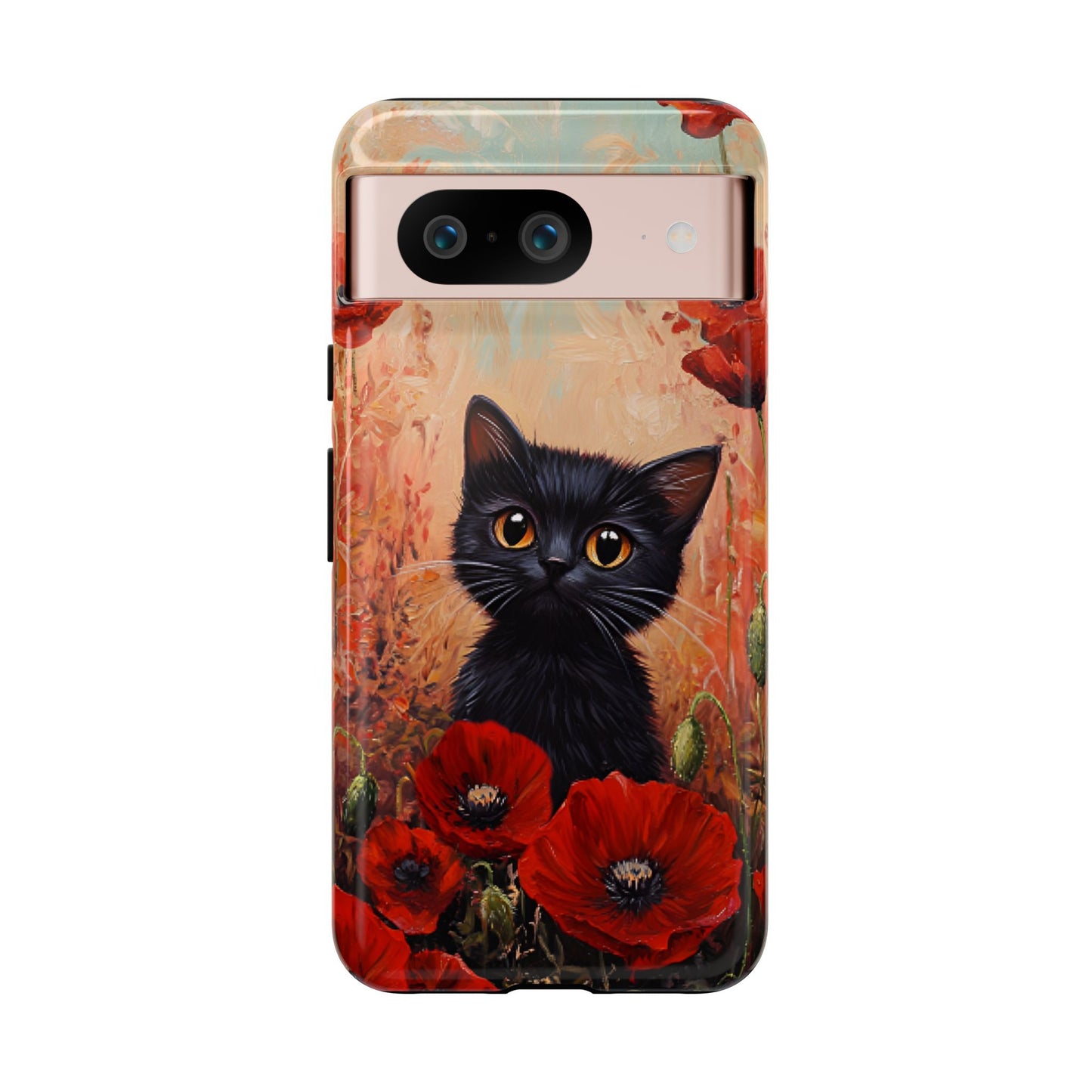 Cute Black Cat in Poppy Flower Field Phone Case - Cat Lover Phone Cases for iPhone 16 15 14 13 12 11, Samsung Galaxy & Google Pixel