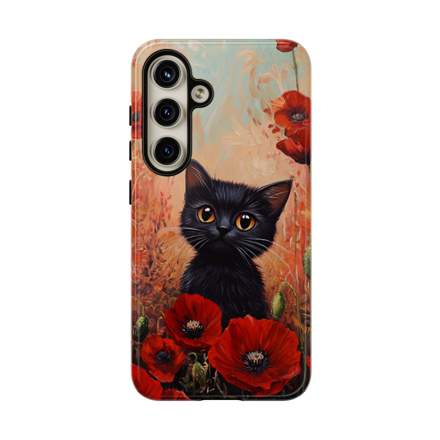 Cute Black Cat in Poppy Flower Field Phone Case - Cat Lover Phone Cases for iPhone 16 15 14 13 12 11, Samsung Galaxy & Google Pixel