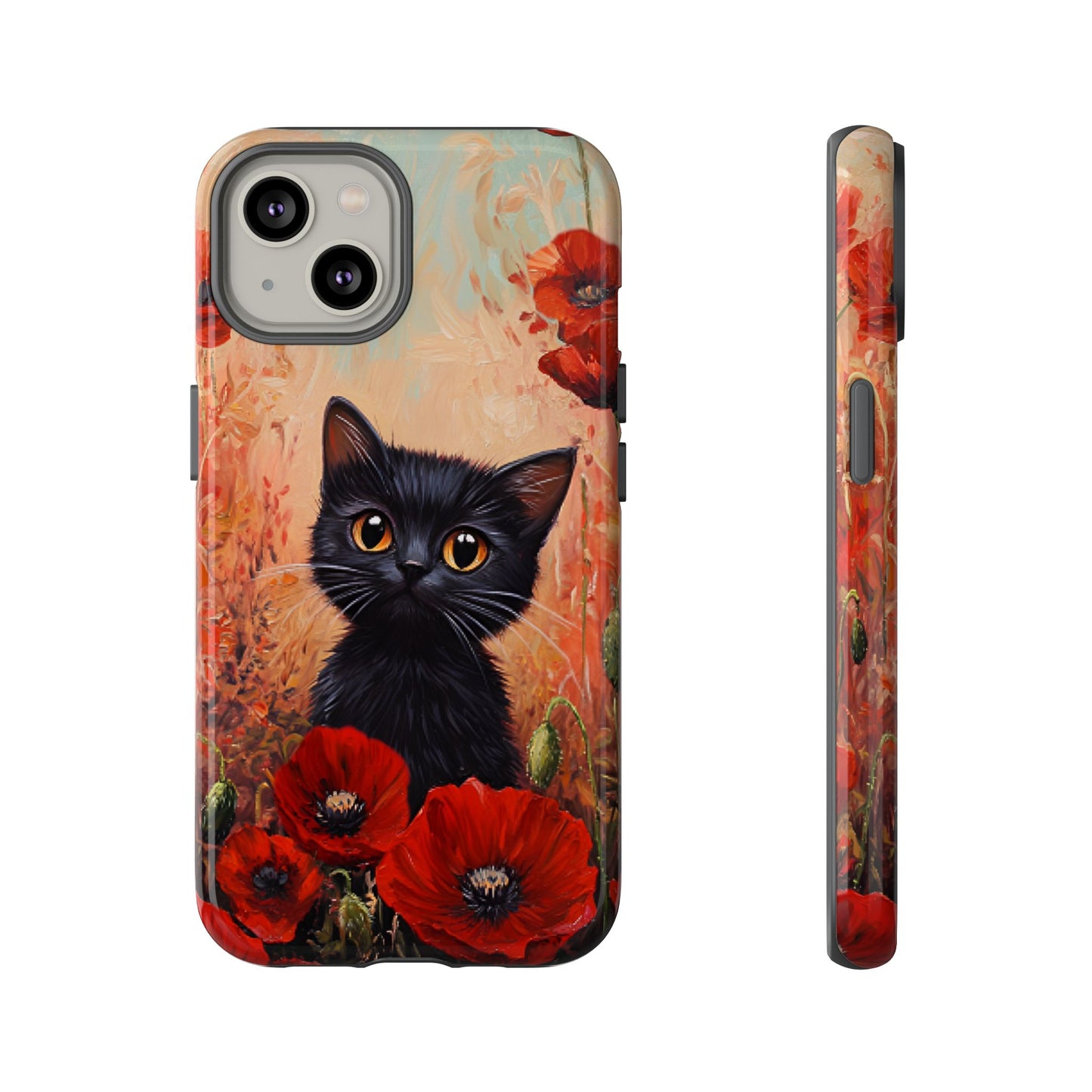 Cute Black Cat in Poppy Flower Field Phone Case - Cat Lover Phone Cases for iPhone 16 15 14 13 12 11, Samsung Galaxy & Google Pixel