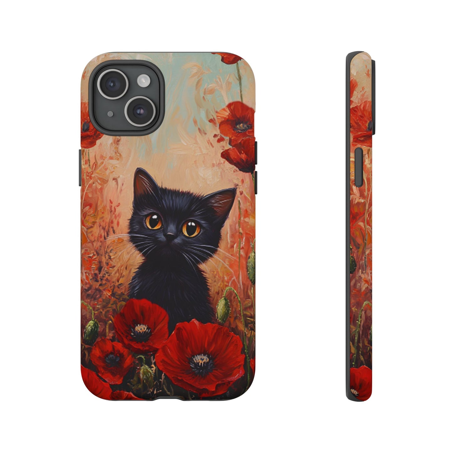 Cute Black Cat in Poppy Flower Field Phone Case - Cat Lover Phone Cases for iPhone 16 15 14 13 12 11, Samsung Galaxy & Google Pixel