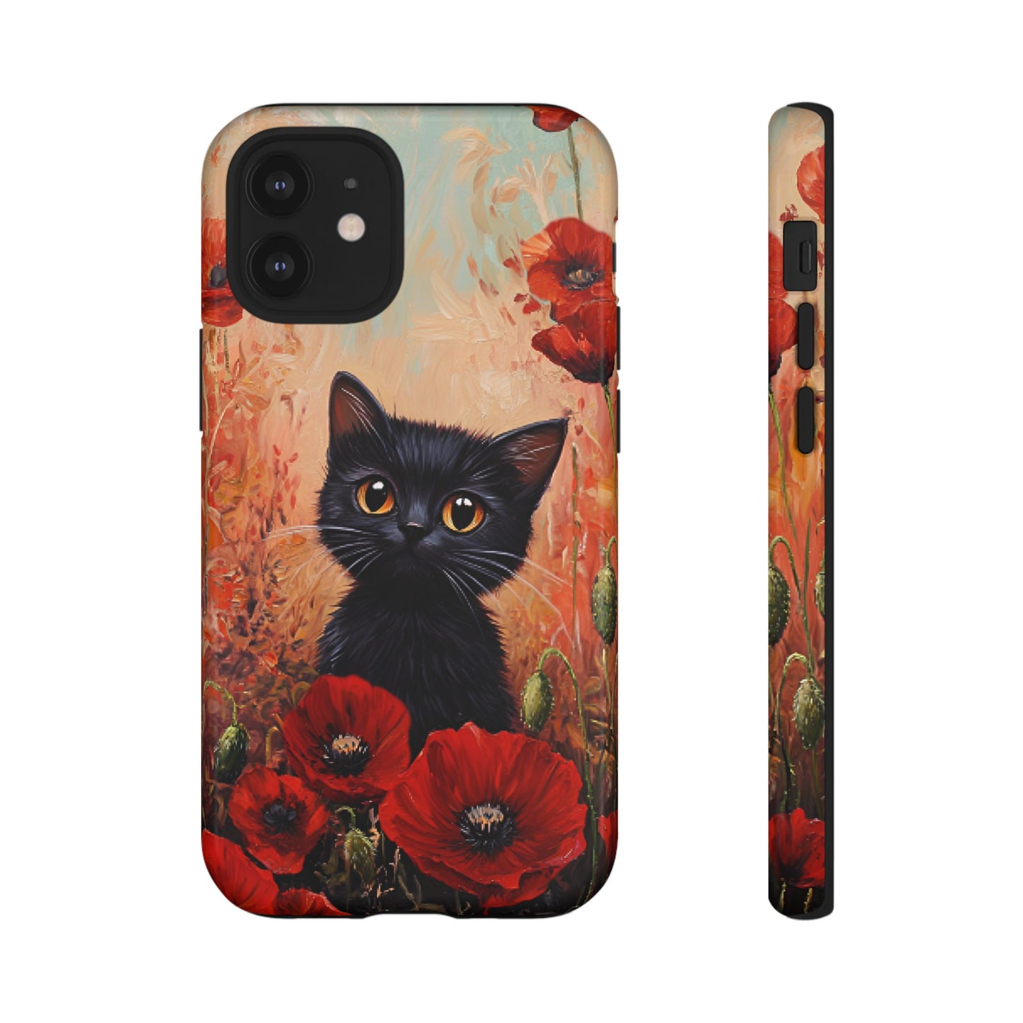 Cute Black Cat in Poppy Flower Field Phone Case - Cat Lover Phone Cases for iPhone 16 15 14 13 12 11, Samsung Galaxy & Google Pixel