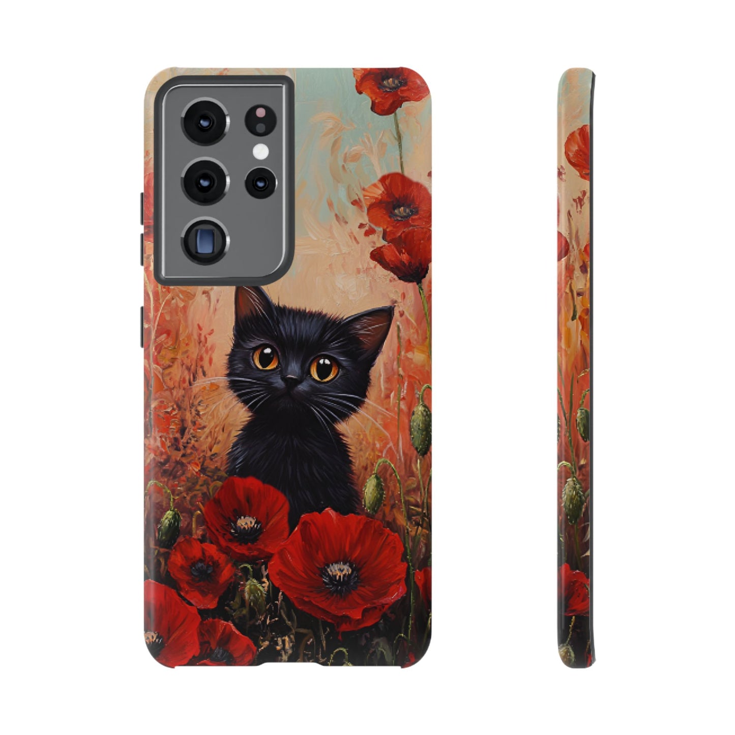Cute Black Cat in Poppy Flower Field Phone Case - Cat Lover Phone Cases for iPhone 16 15 14 13 12 11, Samsung Galaxy & Google Pixel