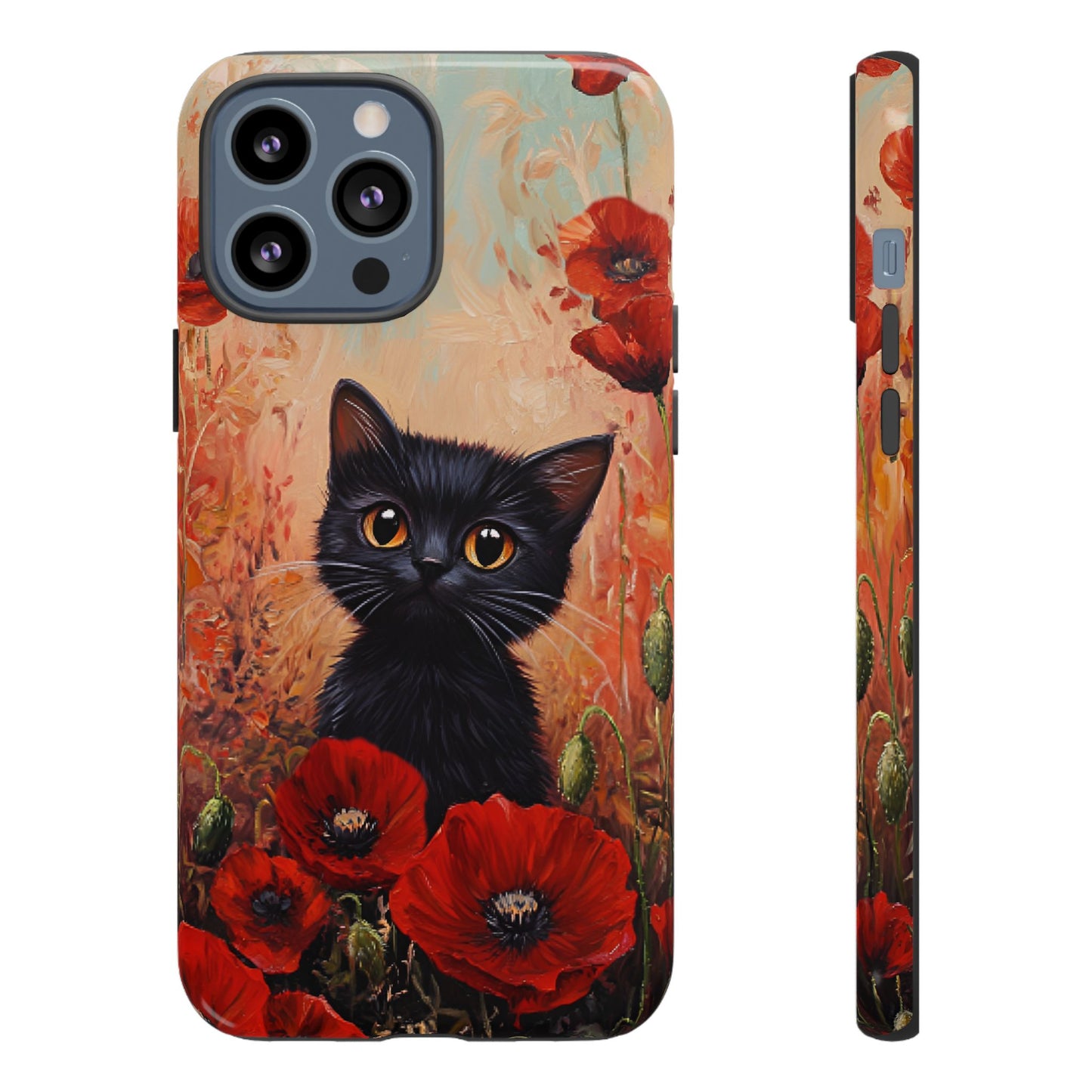 Cute Black Cat in Poppy Flower Field Phone Case - Cat Lover Phone Cases for iPhone 16 15 14 13 12 11, Samsung Galaxy & Google Pixel