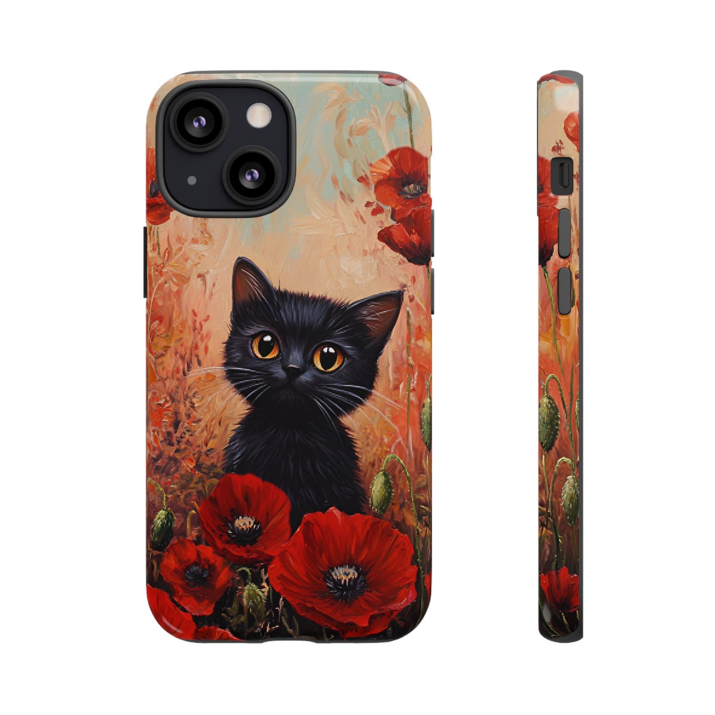 Cute Black Cat in Poppy Flower Field Phone Case - Cat Lover Phone Cases for iPhone 16 15 14 13 12 11, Samsung Galaxy & Google Pixel