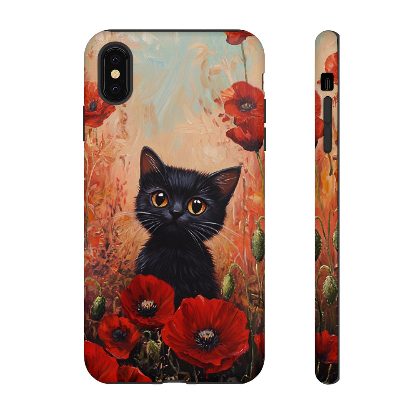 Cute Black Cat in Poppy Flower Field Phone Case - Cat Lover Phone Cases for iPhone 16 15 14 13 12 11, Samsung Galaxy & Google Pixel