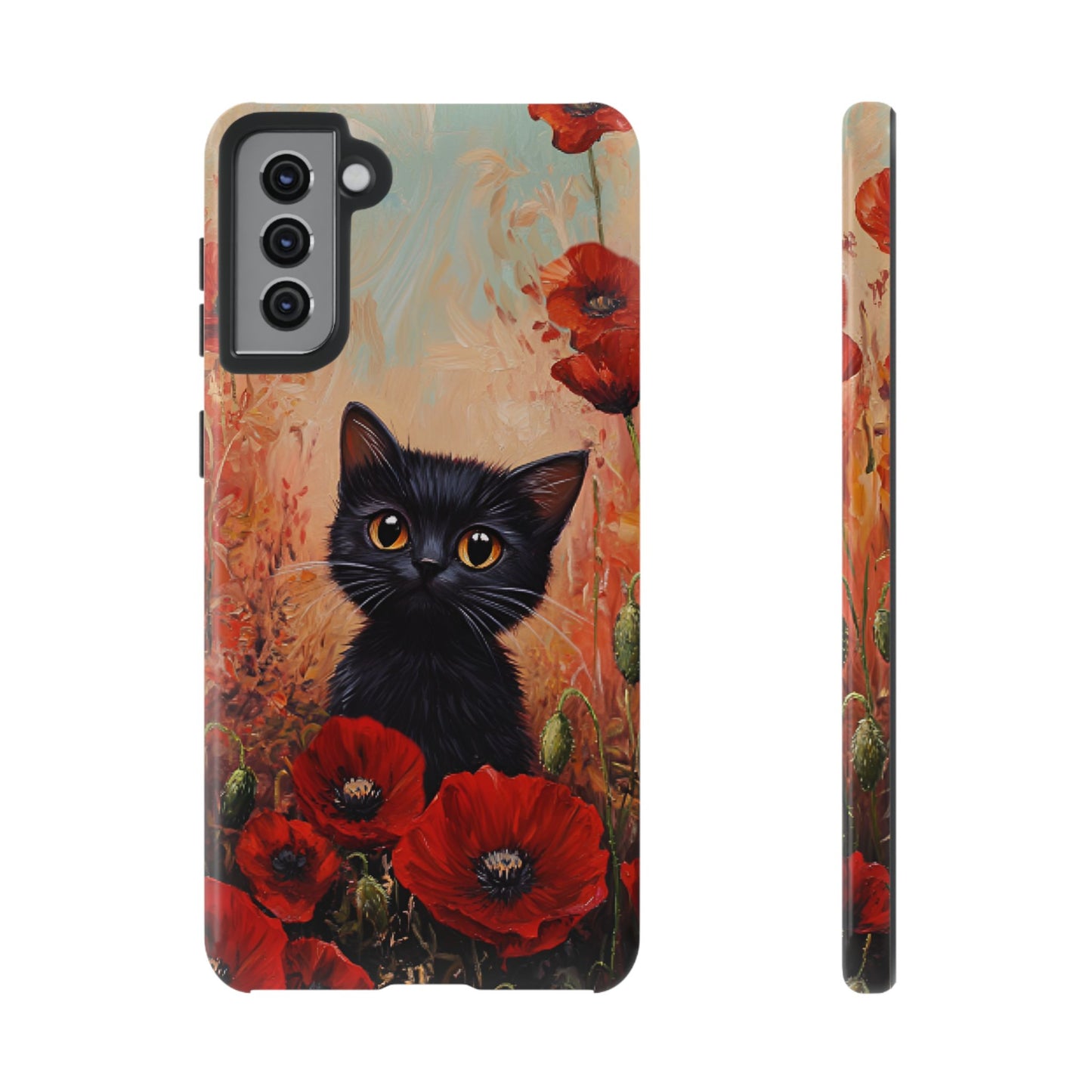 Cute Black Cat in Poppy Flower Field Phone Case - Cat Lover Phone Cases for iPhone 16 15 14 13 12 11, Samsung Galaxy & Google Pixel