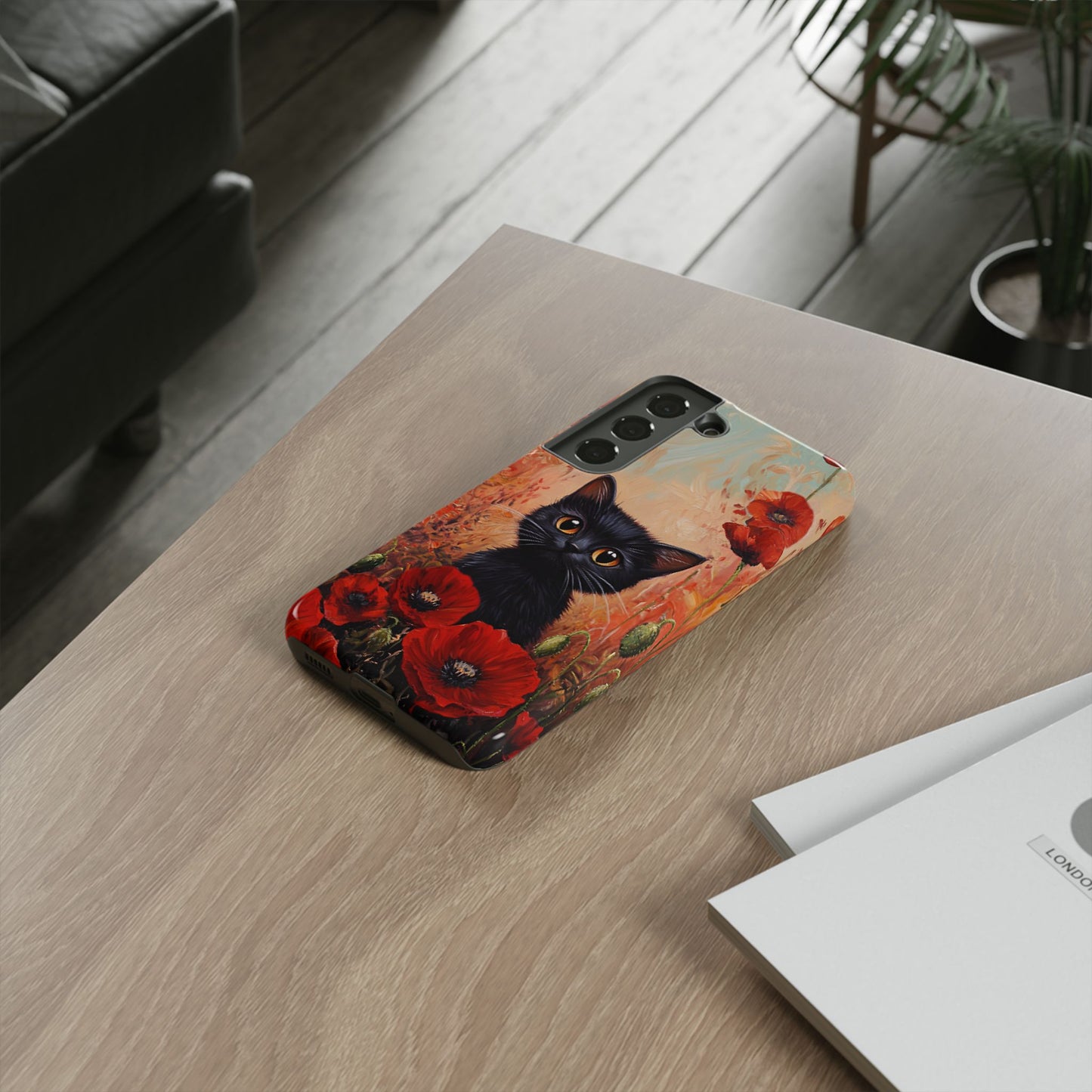 Cute Black Cat in Poppy Flower Field Phone Case - Cat Lover Phone Cases for iPhone 16 15 14 13 12 11, Samsung Galaxy & Google Pixel