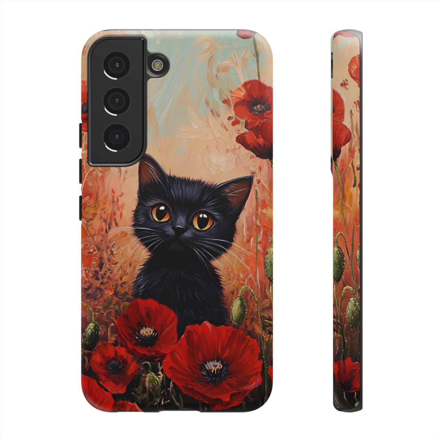 Cute Black Cat in Poppy Flower Field Phone Case - Cat Lover Phone Cases for iPhone 16 15 14 13 12 11, Samsung Galaxy & Google Pixel