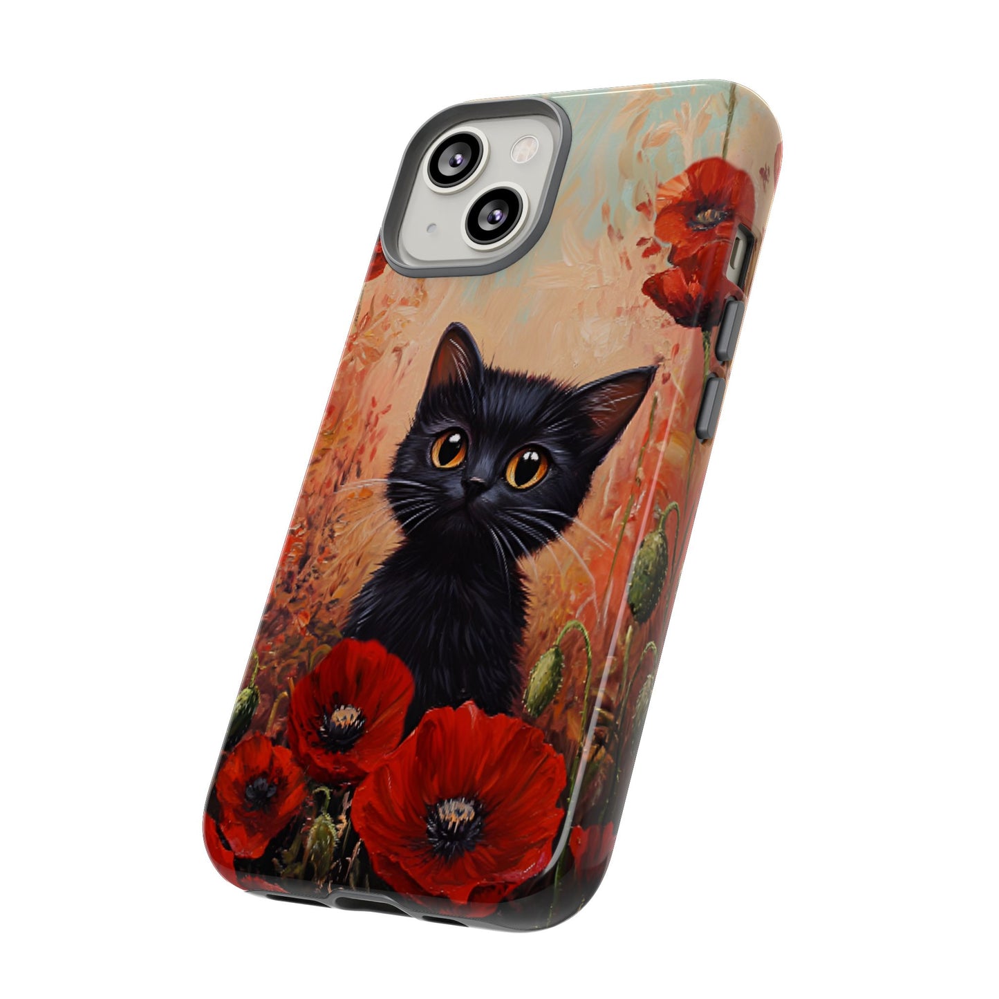 Cute Black Cat in Poppy Flower Field Phone Case - Cat Lover Phone Cases for iPhone 16 15 14 13 12 11, Samsung Galaxy & Google Pixel