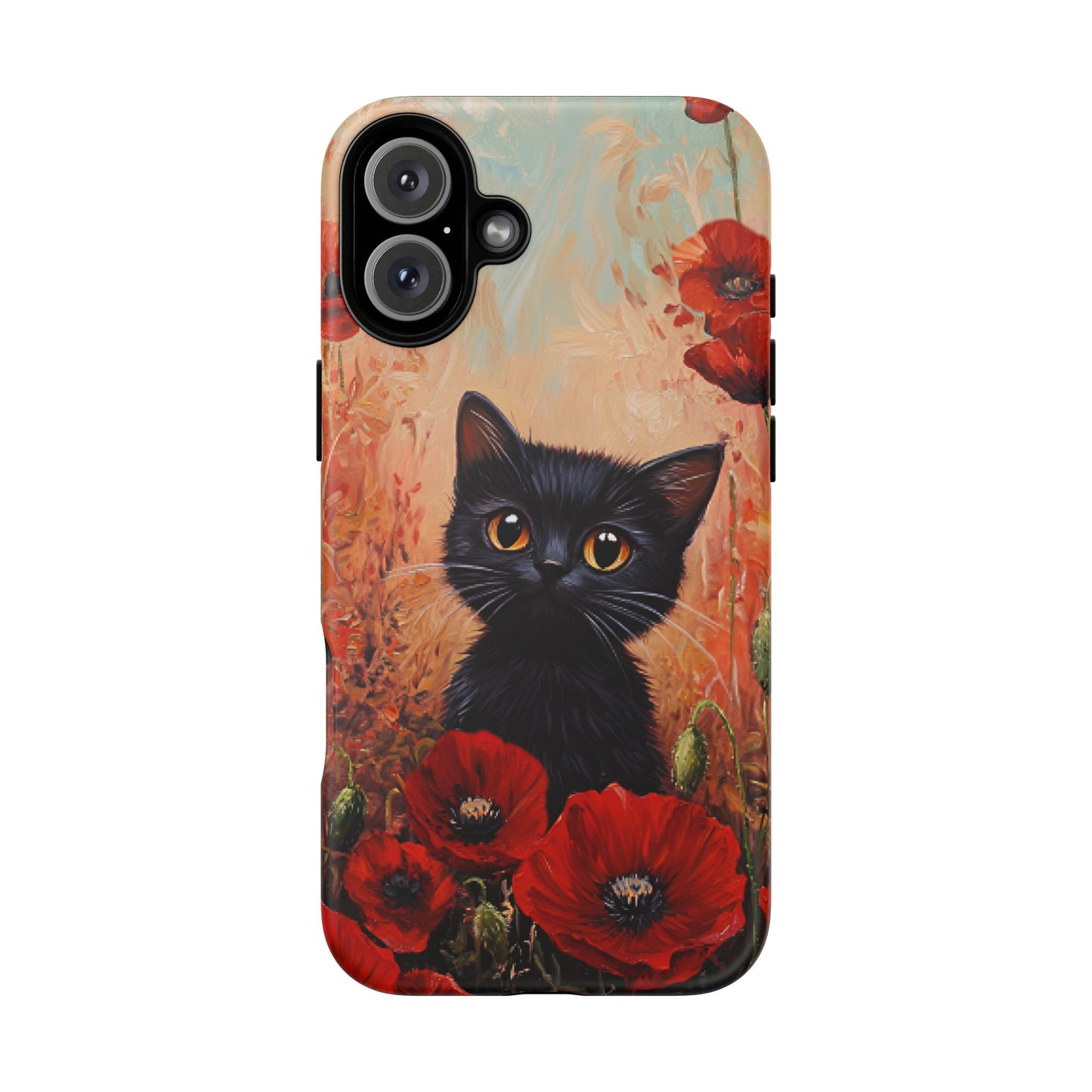 Cute Black Cat in Poppy Flower Field Phone Case - Cat Lover Phone Cases for iPhone 16 15 14 13 12 11, Samsung Galaxy & Google Pixel