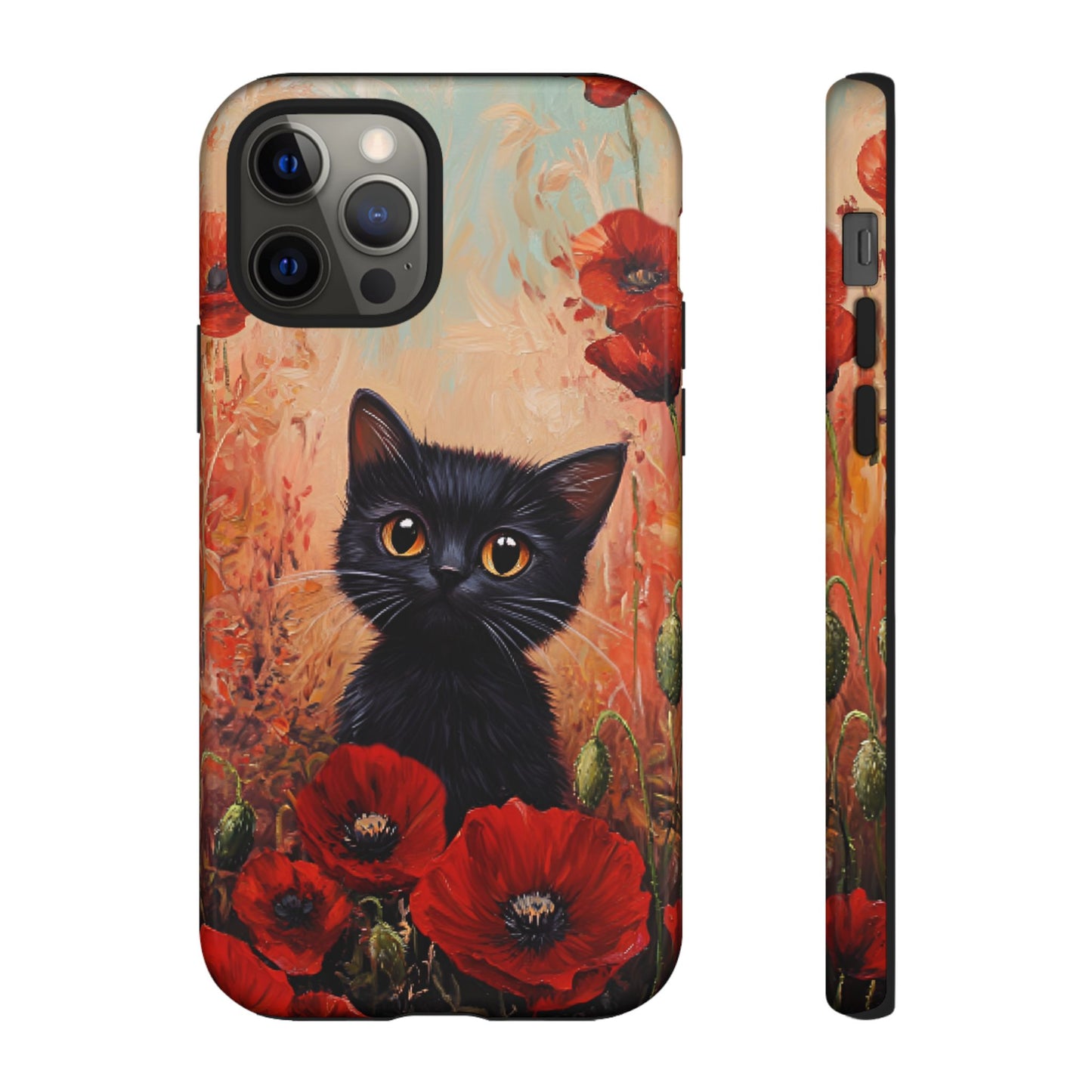 Cute Black Cat in Poppy Flower Field Phone Case - Cat Lover Phone Cases for iPhone 16 15 14 13 12 11, Samsung Galaxy & Google Pixel