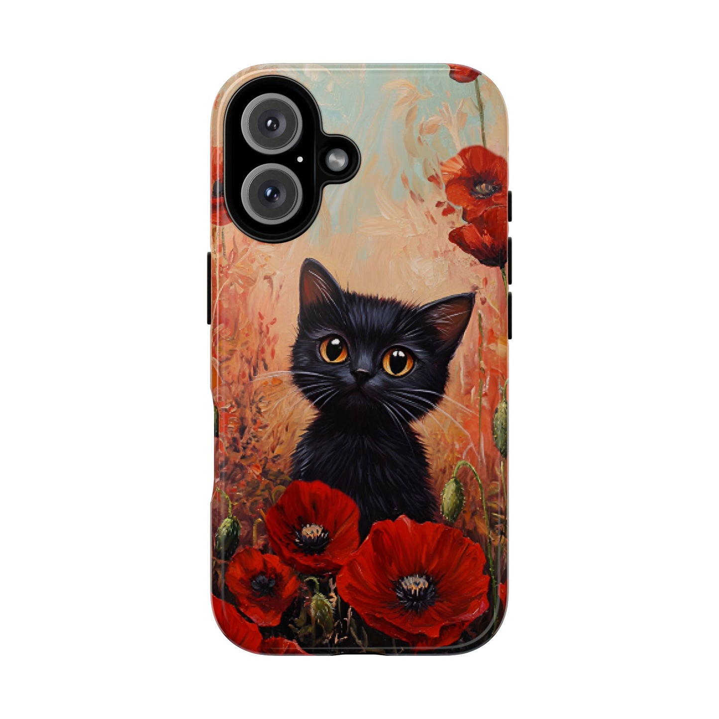 Cute Black Cat in Poppy Flower Field Phone Case - Cat Lover Phone Cases for iPhone 16 15 14 13 12 11, Samsung Galaxy & Google Pixel
