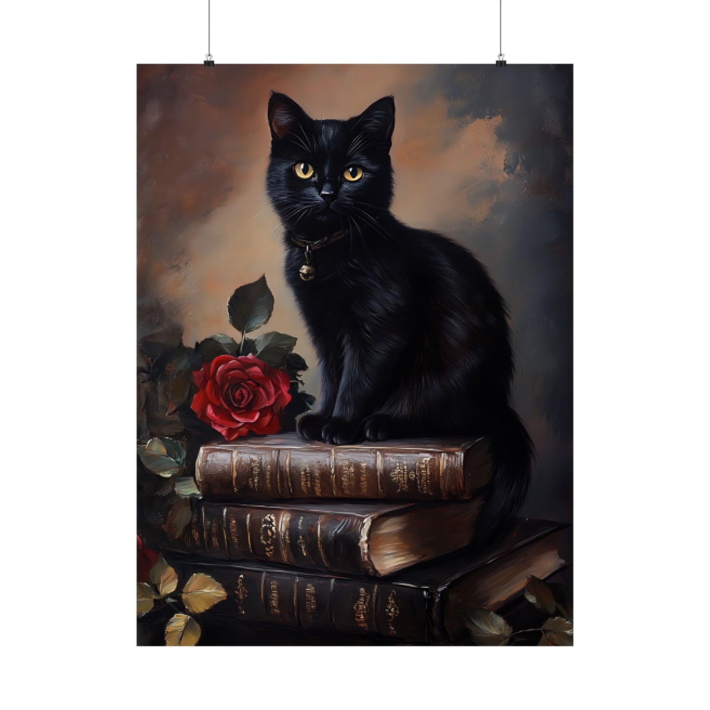 Black Cat Dark Academia Wall Art β Vintage Books and Roses Print β Bookish Cat Lover Painting - Boo and Bewear