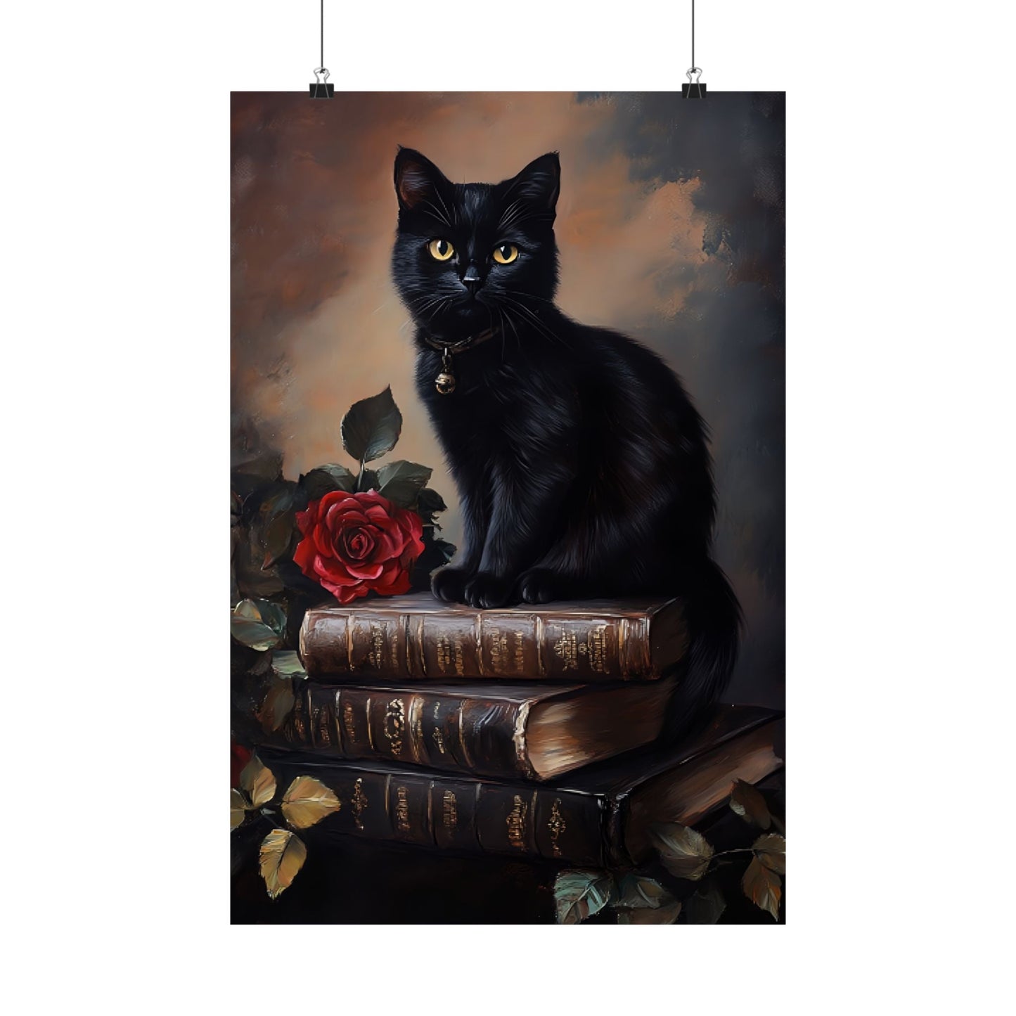 Black Cat Dark Academia Wall Art β Vintage Books and Roses Print β Bookish Cat Lover Painting