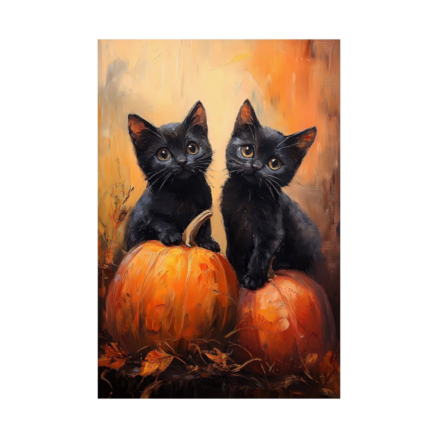 Black Cats and Pumpkins Wall Art Print - Cute Halloween Painting - Fall Pumpkin Poster for Cat Lovers