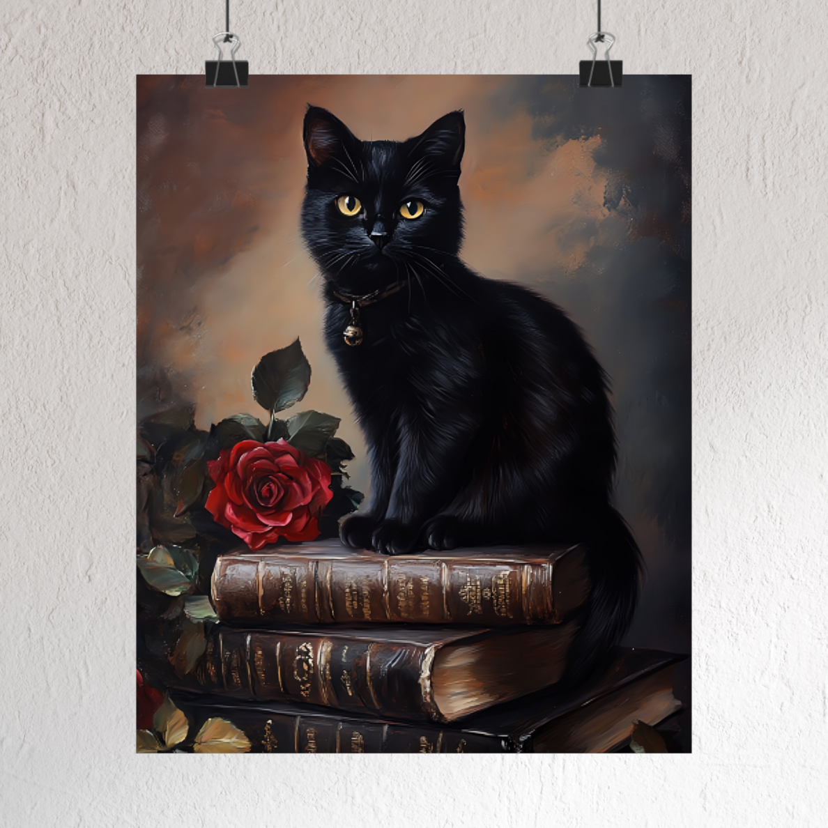 Black Cat Dark Academia Wall Art β Vintage Books and Roses Print β Bookish Cat Lover Painting