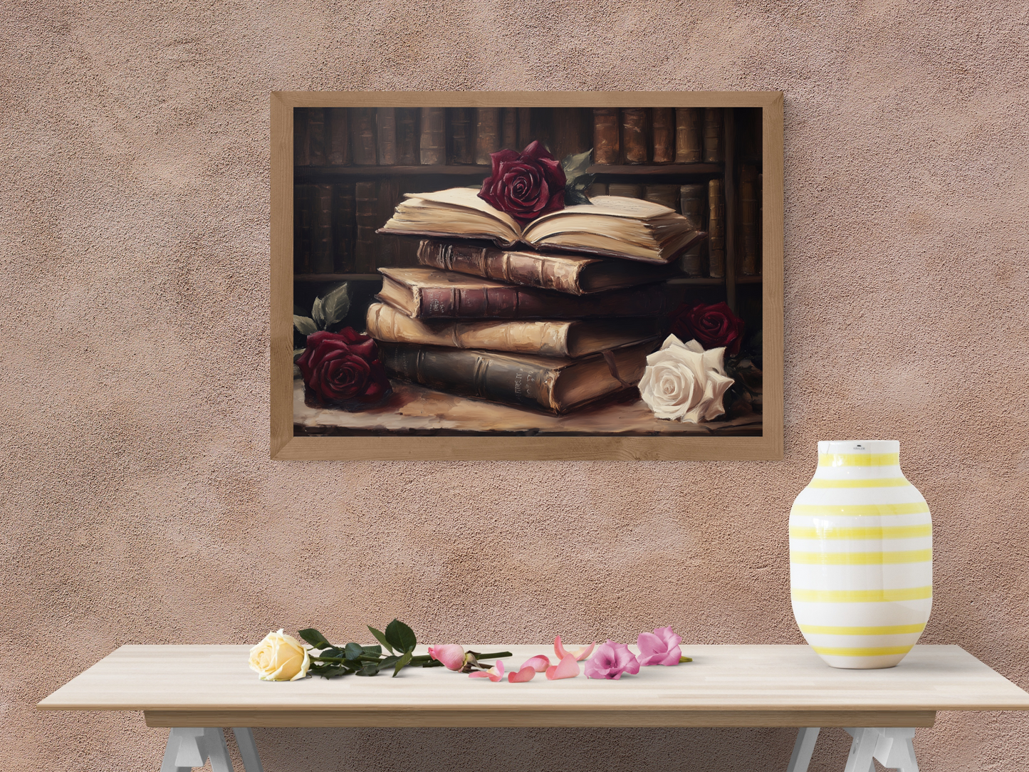 Vintage Dark Academia Books & Roses Painting, Victorian Library Wall Art Print, Moody Bookish Oil Painting, Antique Book Lover Gift