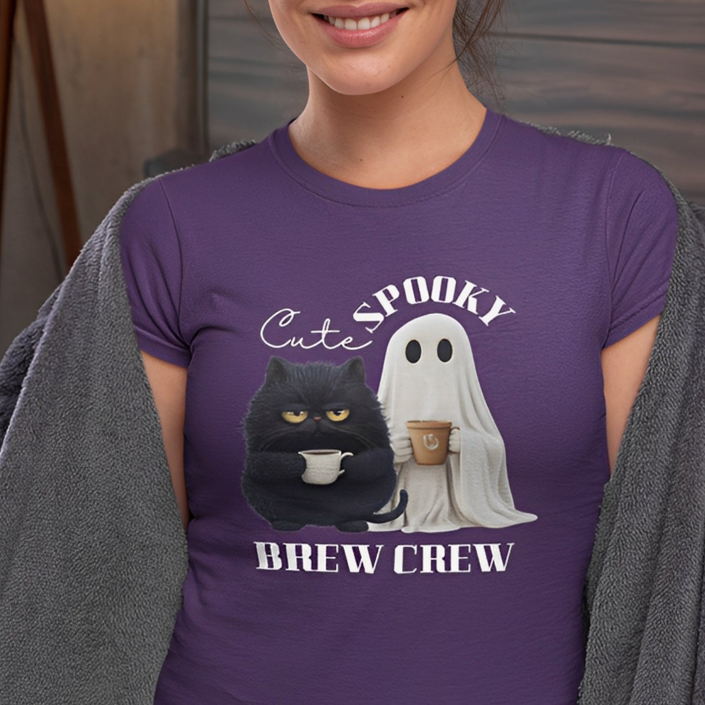 Cute Cat and Spooky Ghost T-Shirt for Coffee Lovers - Brew Crew - Boo and Bewear