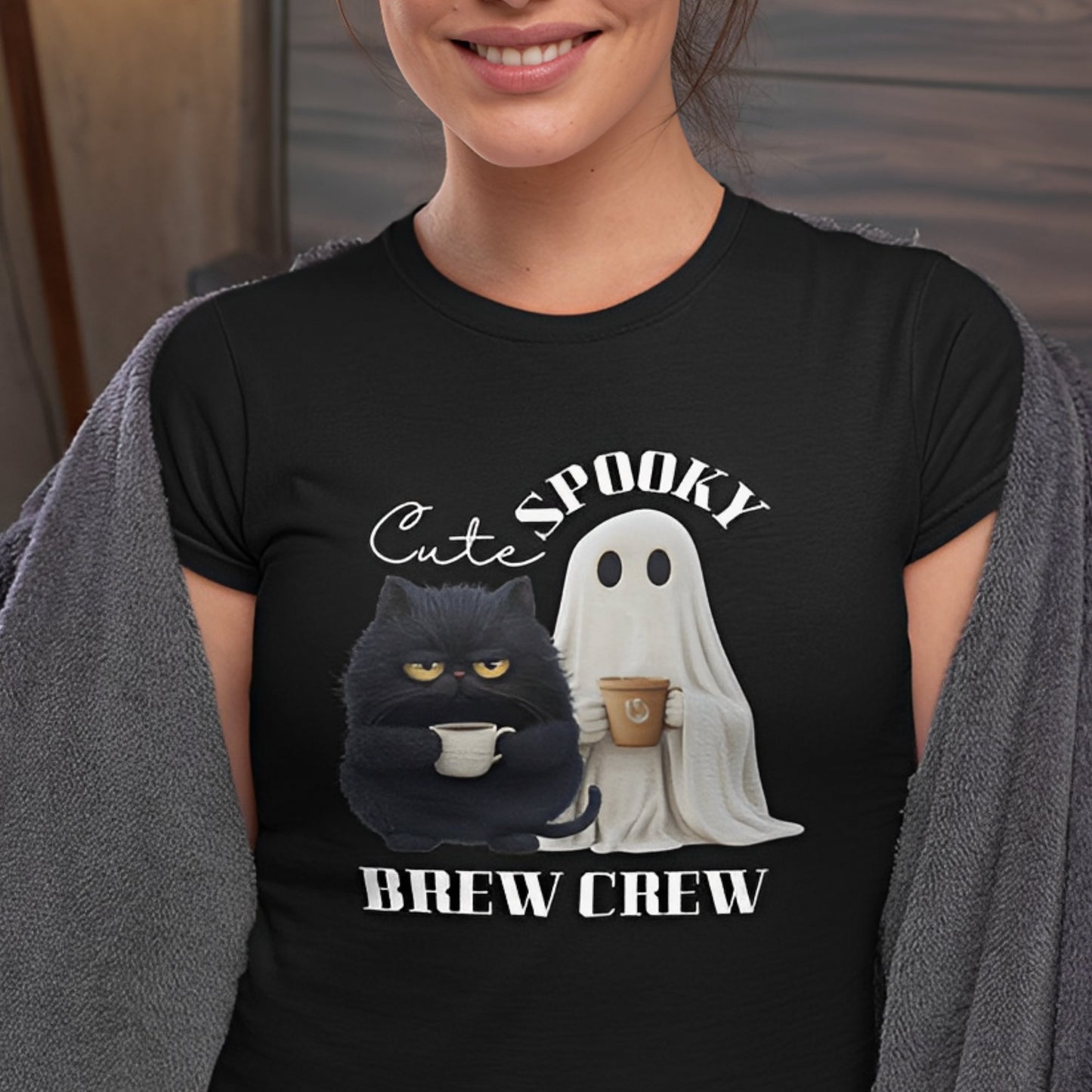 Cute Cat and Spooky Ghost T-Shirt for Coffee Lovers - Brew Crew - Boo and Bewear