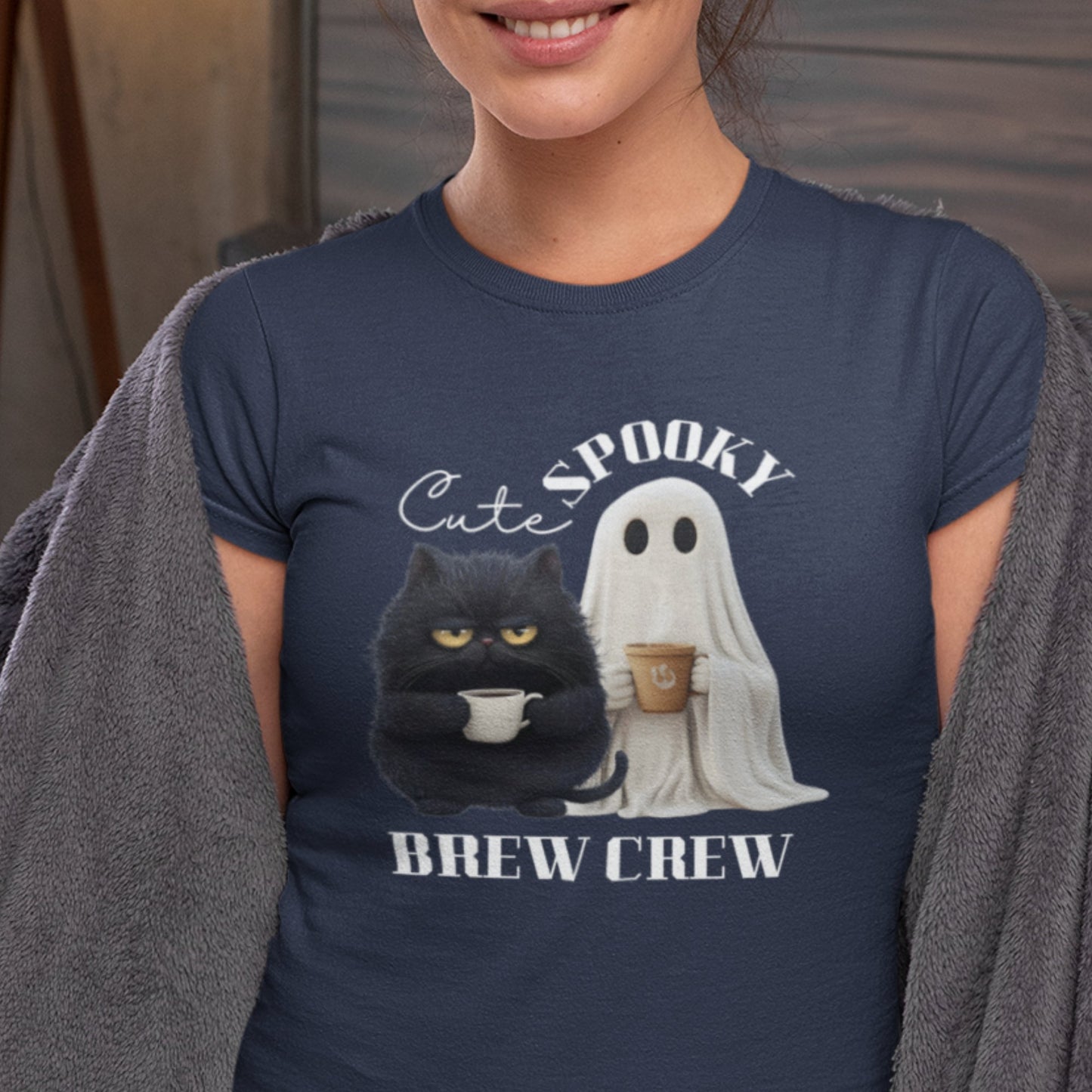 Cute Cat and Spooky Ghost T-Shirt for Coffee Lovers - Brew Crew - Boo and Bewear