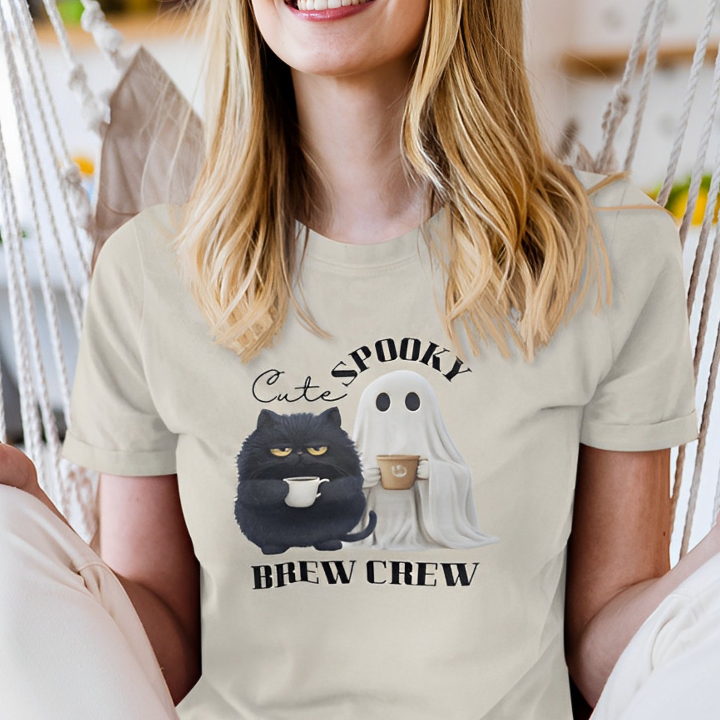 Cute Cat and Spooky Ghost T-Shirt for Coffee Lovers - Brew Crew - Boo and Bewear