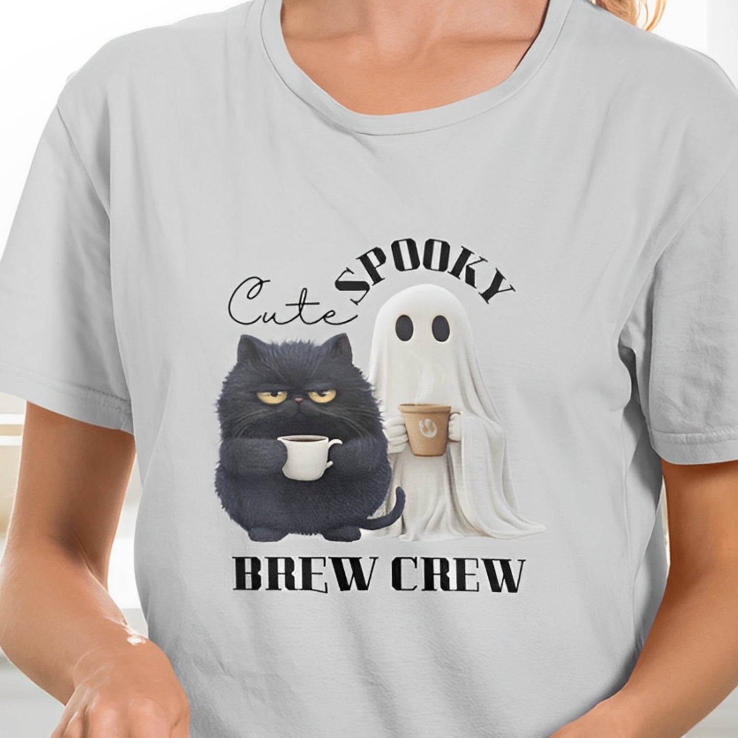 Cute Cat and Spooky Ghost T-Shirt for Coffee Lovers - Brew Crew - Boo and Bewear