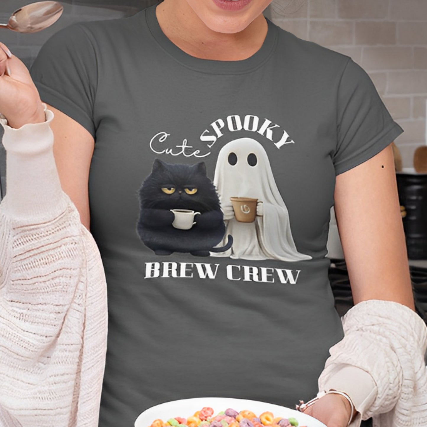 Cute Cat and Spooky Ghost T-Shirt for Coffee Lovers - Brew Crew - Boo and Bewear
