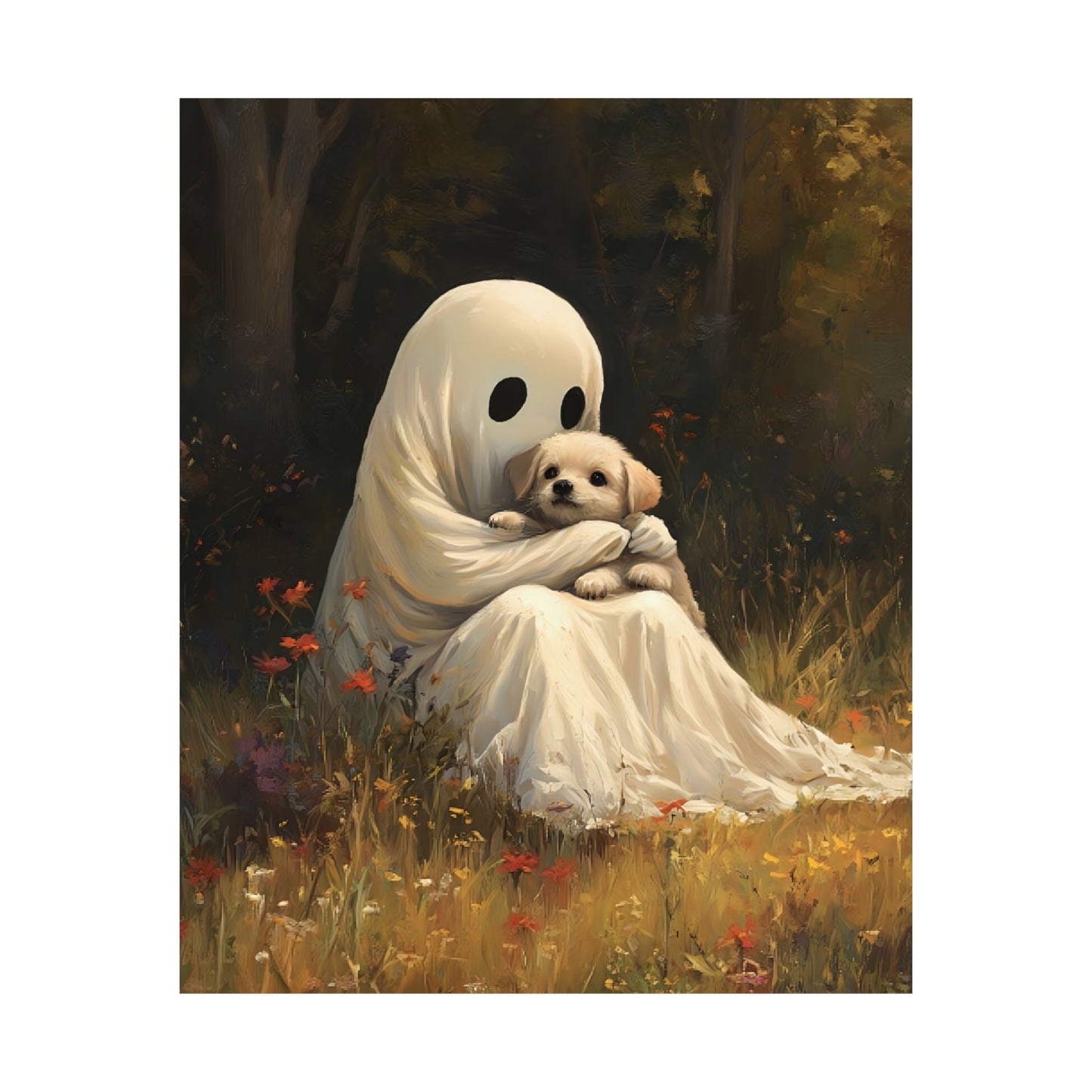 Cute Ghost and Dog Painting - Halloween Wall Art Print - Dog Lover Poster