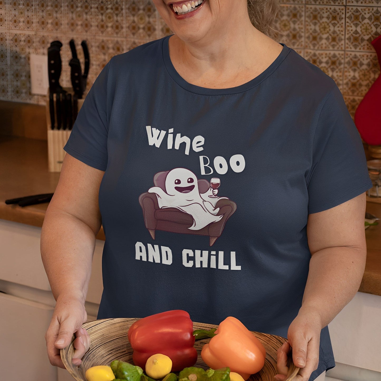 Cute Ghost T-Shirt for Wine Lovers - Wine Boo and Chill - Boo and Bewear