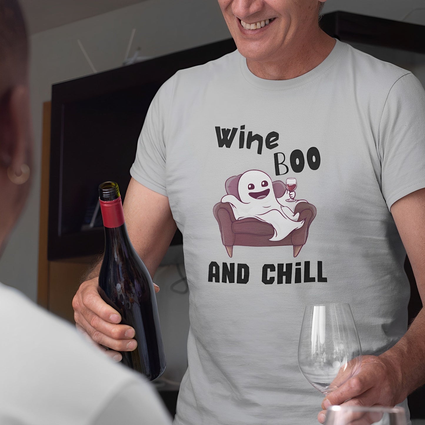 Cute Ghost T-Shirt for Wine Lovers - Wine Boo and Chill - Boo and Bewear