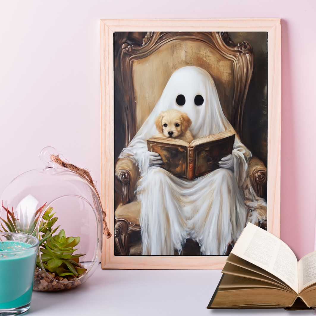 Ghost Reading to Puppy Wall Art Print - Cute & Spooky Halloween Painting - Vintage Victorian Poster for Book Lovers