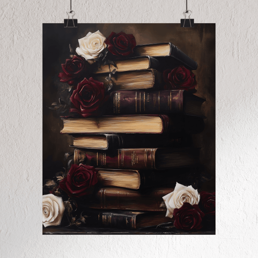 Dark Academia Books and Roses Painting - Moody Victorian Gothic Wall Art Print - Vintage Bookish Poster - Boo and Bewear