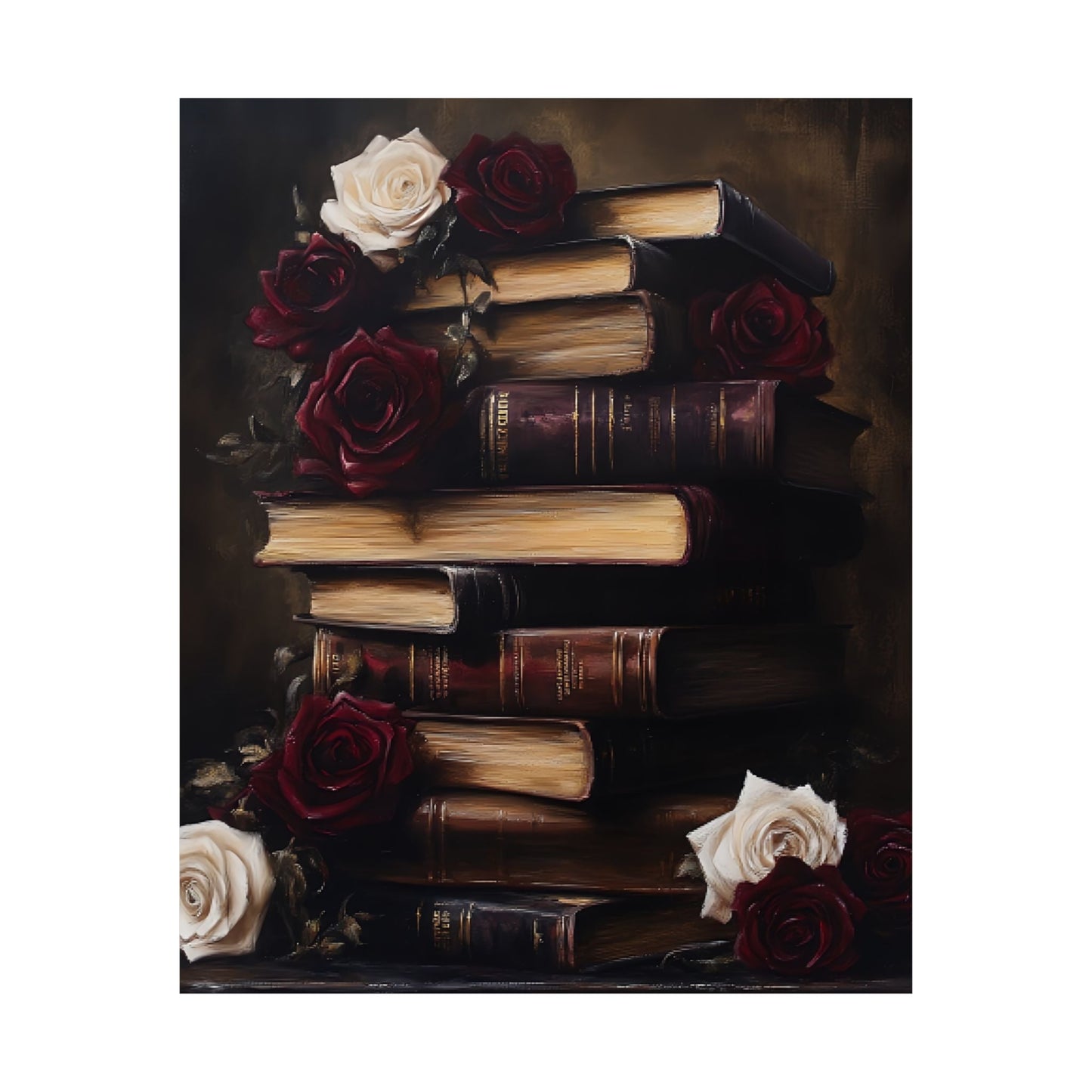 Dark Academia Books and Roses Painting - Moody Victorian Gothic Wall Art Print - Vintage Bookish Poster
