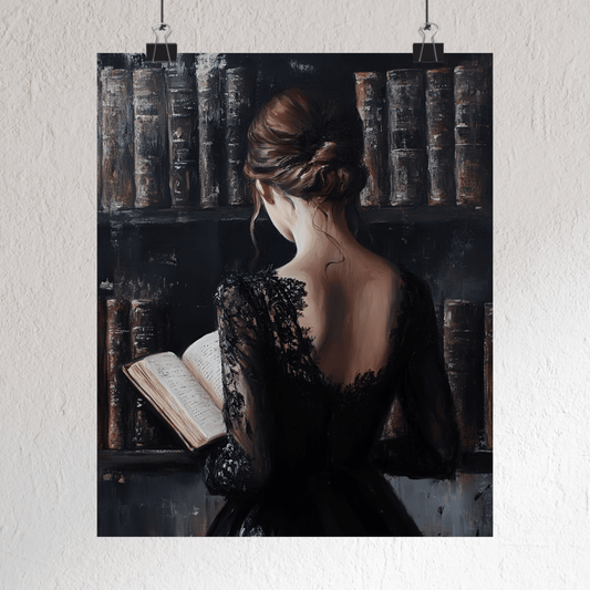 Dark Academia Wall Art Print - Vintage Victorian Woman Reading in Library Poster - Moody Bookish Painting