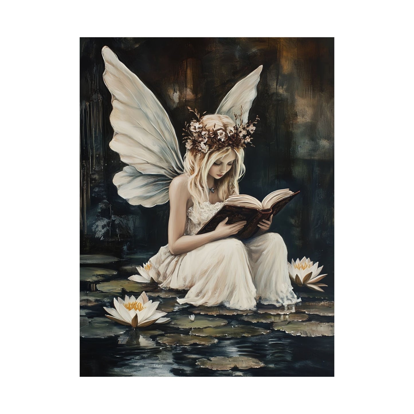 Fairy Reading Wall Art Print - Whimsical Dark Fantasy Poster - Magical Fairycore Painting - Whimsigoth Decor - Bookish Fairy Wall Art