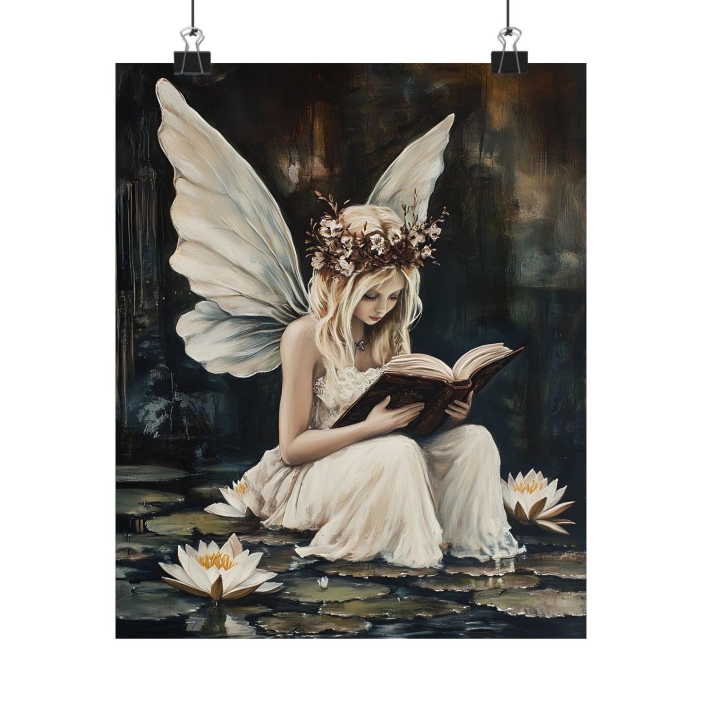 Fairy Reading Wall Art Print - Whimsical Dark Fantasy Poster - Magical Fairycore Painting - Whimsigoth Decor - Bookish Fairy Wall Art