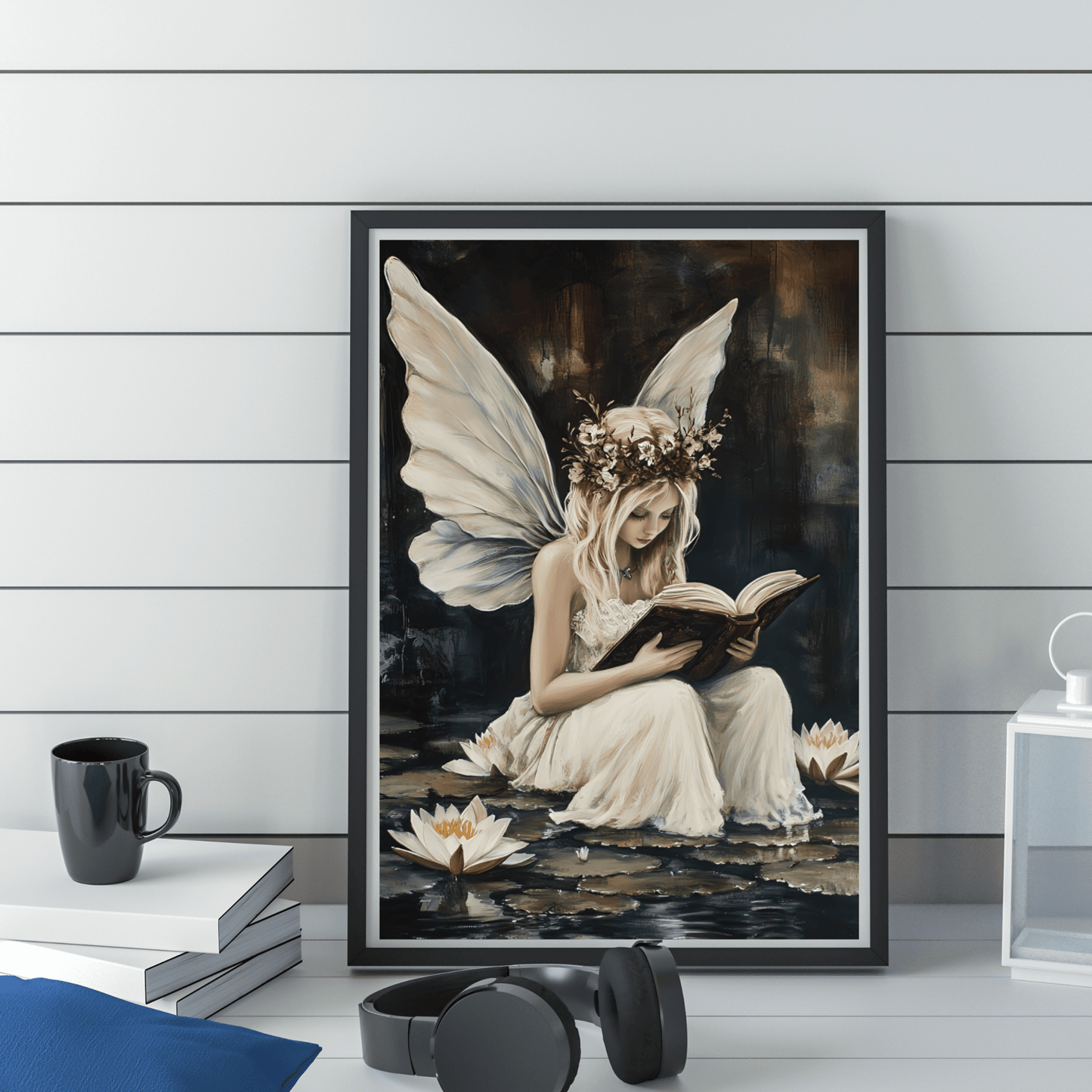 Fairy Reading Wall Art Print - Whimsical Dark Fantasy Poster - Magical Fairycore Painting - Whimsigoth Decor - Bookish Fairy Wall Art
